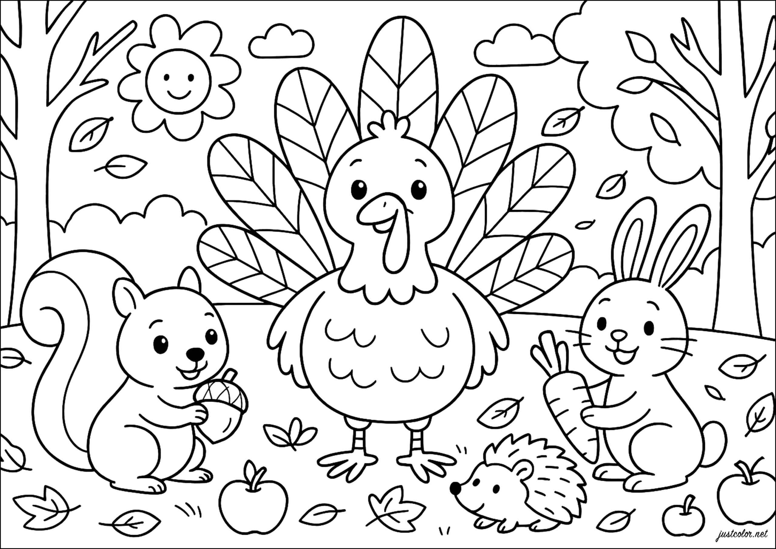 Happy Turkey And His Autumn Friends Thanksgiving Coloring Pages 