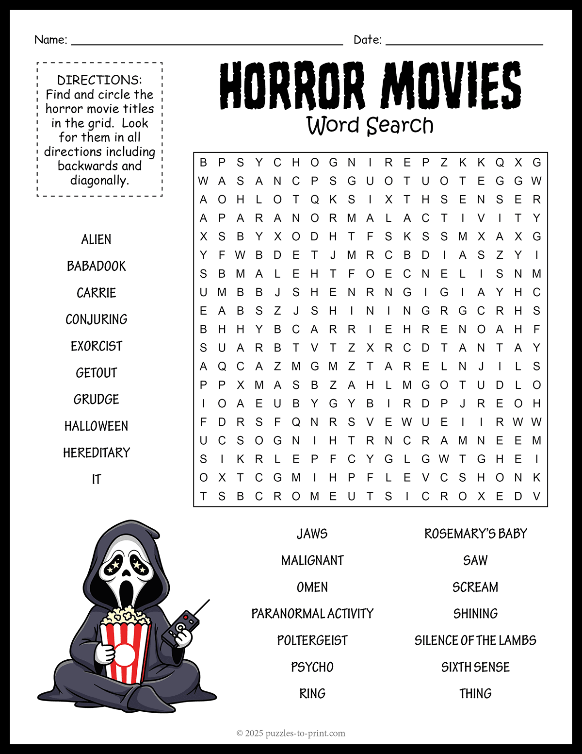 Horror Movie Crossword Puzzles Printable