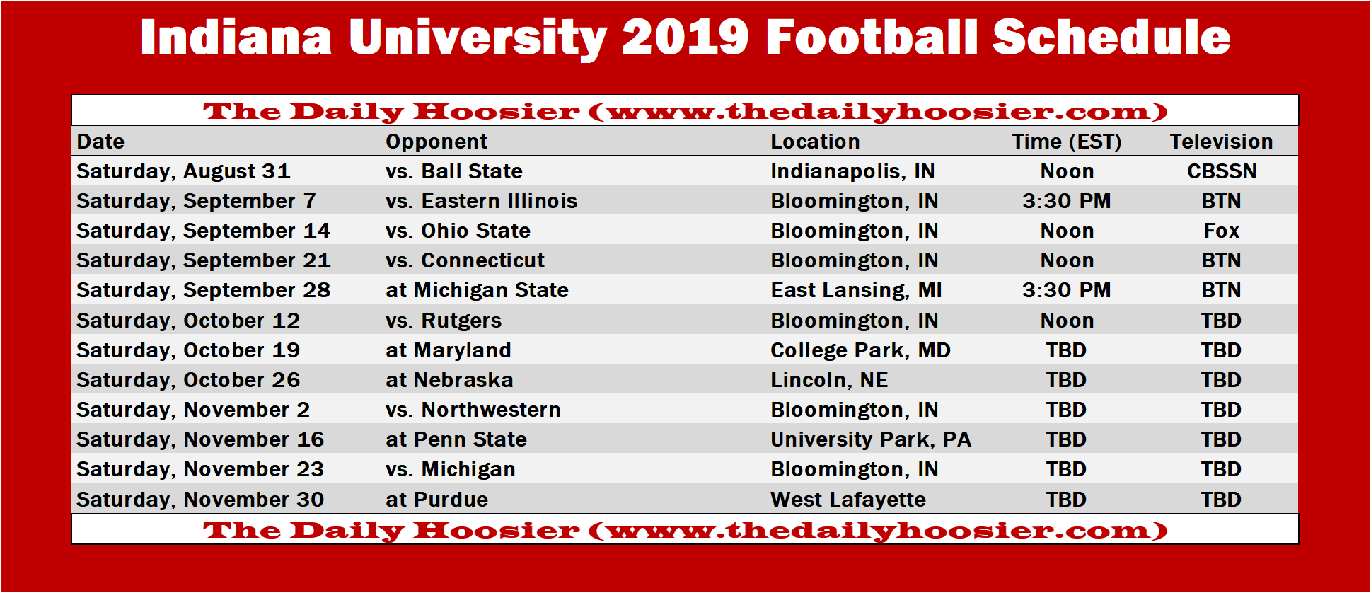 Indiana Football The 2019 Schedule Printable Version The 
