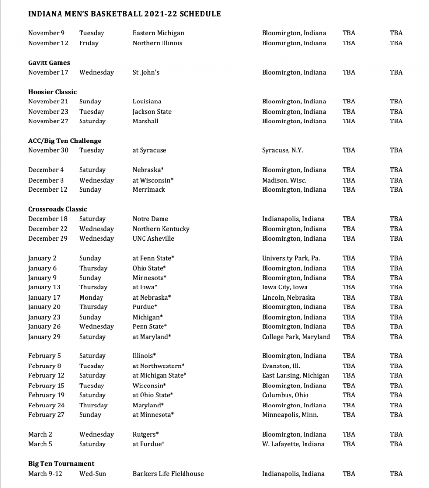 Printable Indiana University Basketball Schedule