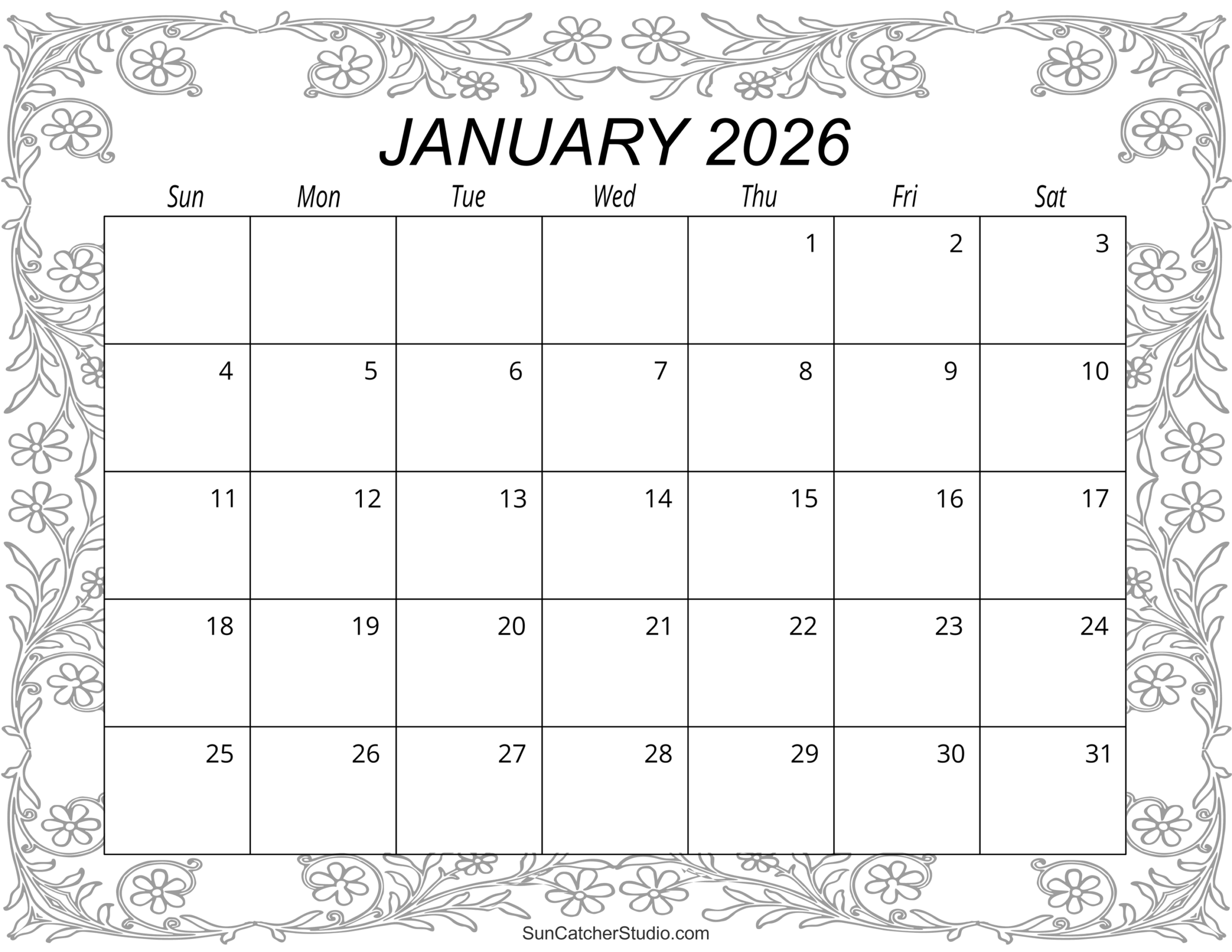 Printable Monthly Calendar 2026