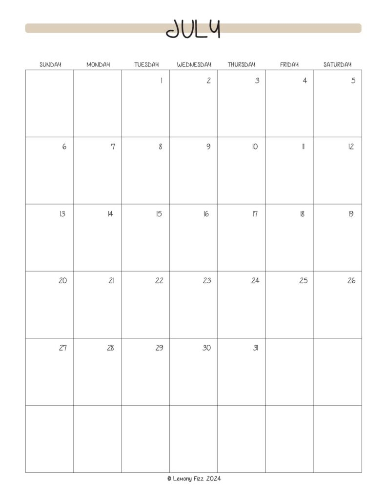 July Monthly Calendar Printable