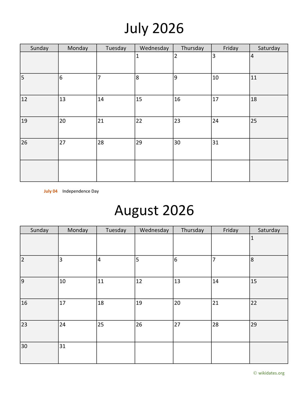 July August 2026 Calendar Printable