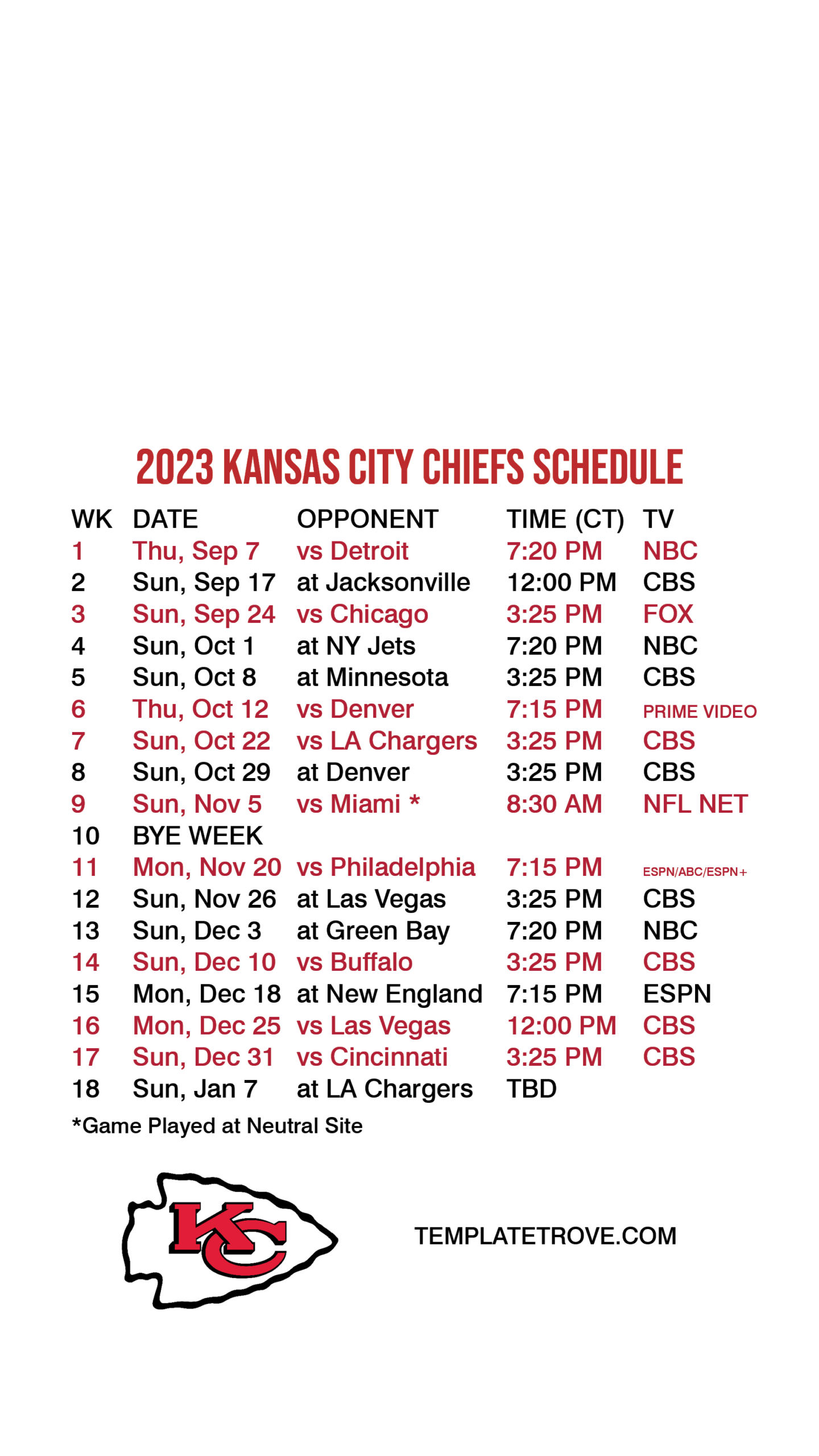 Kansas City Chiefs 2023 12 X 12 Team Wall Calendar Printable 