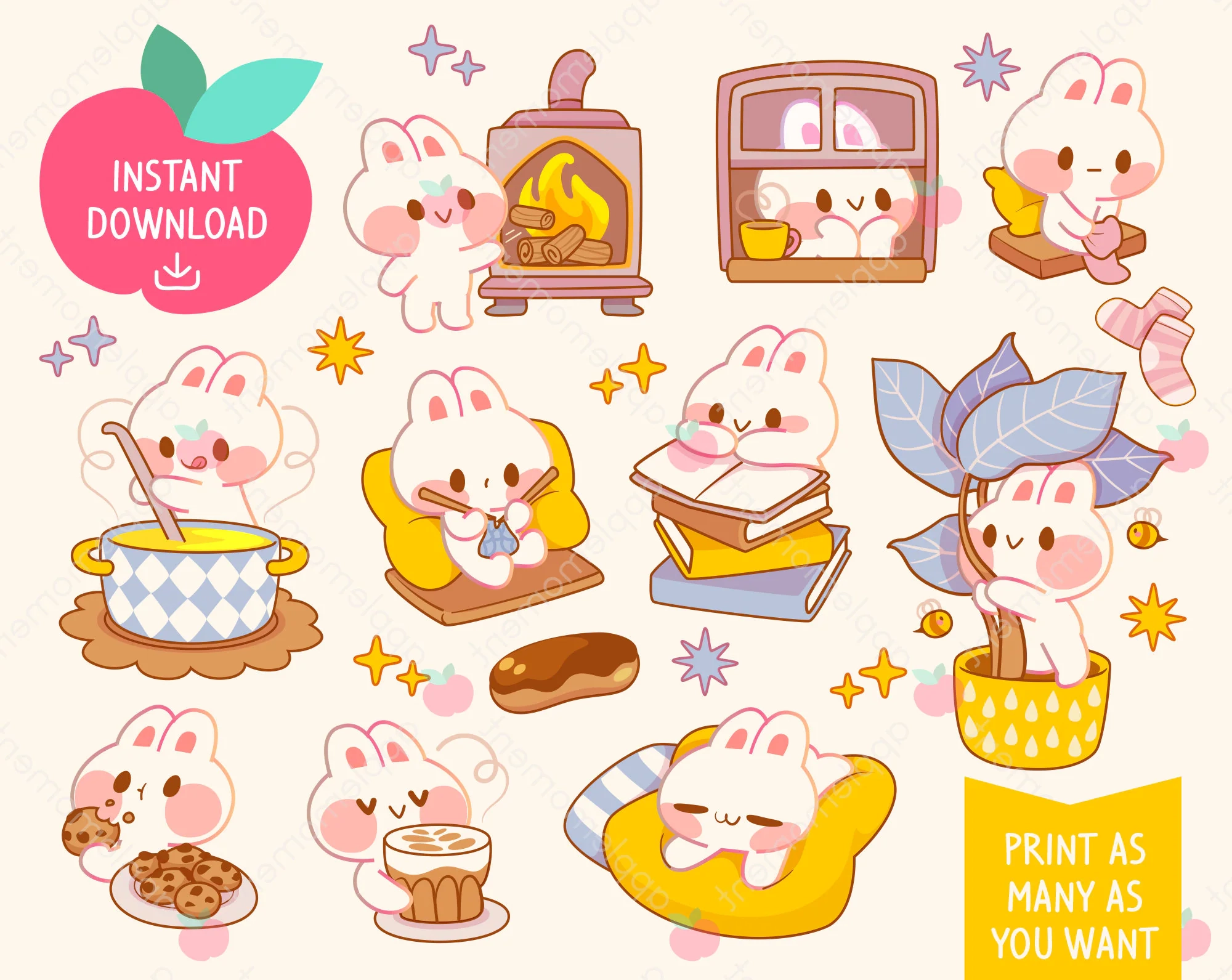 Kawaii Rainbow Bunny Clipart Stickers Hygge Cozy Home PNG 