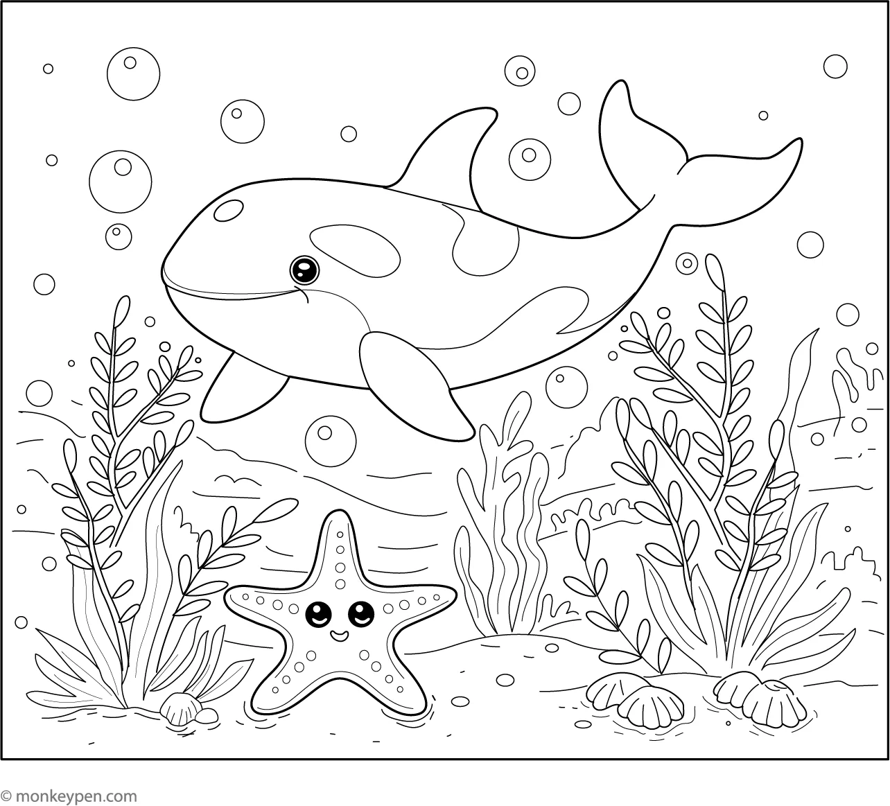 killer whale and a starfish free printable coloring page for kids