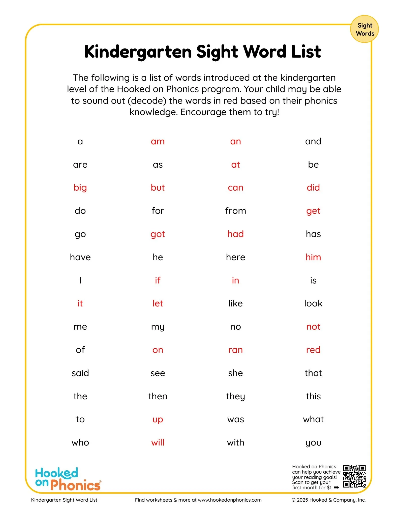  Kindergarten Sight Words List Hooked On Phonics