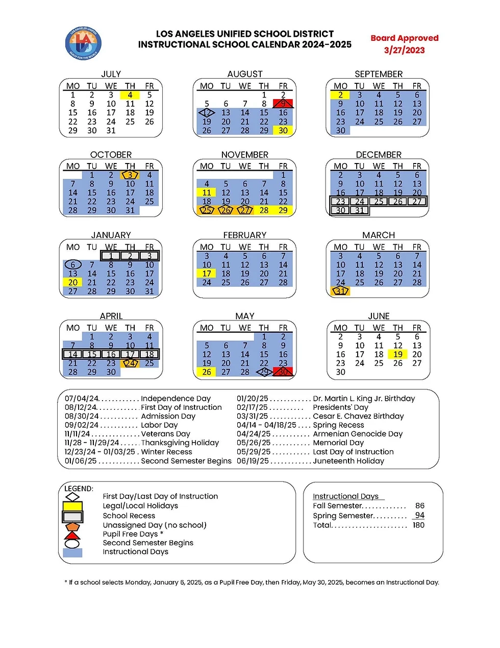  LAUSD Approved Calendar For 2024 2025 School Year FUN WITH 
