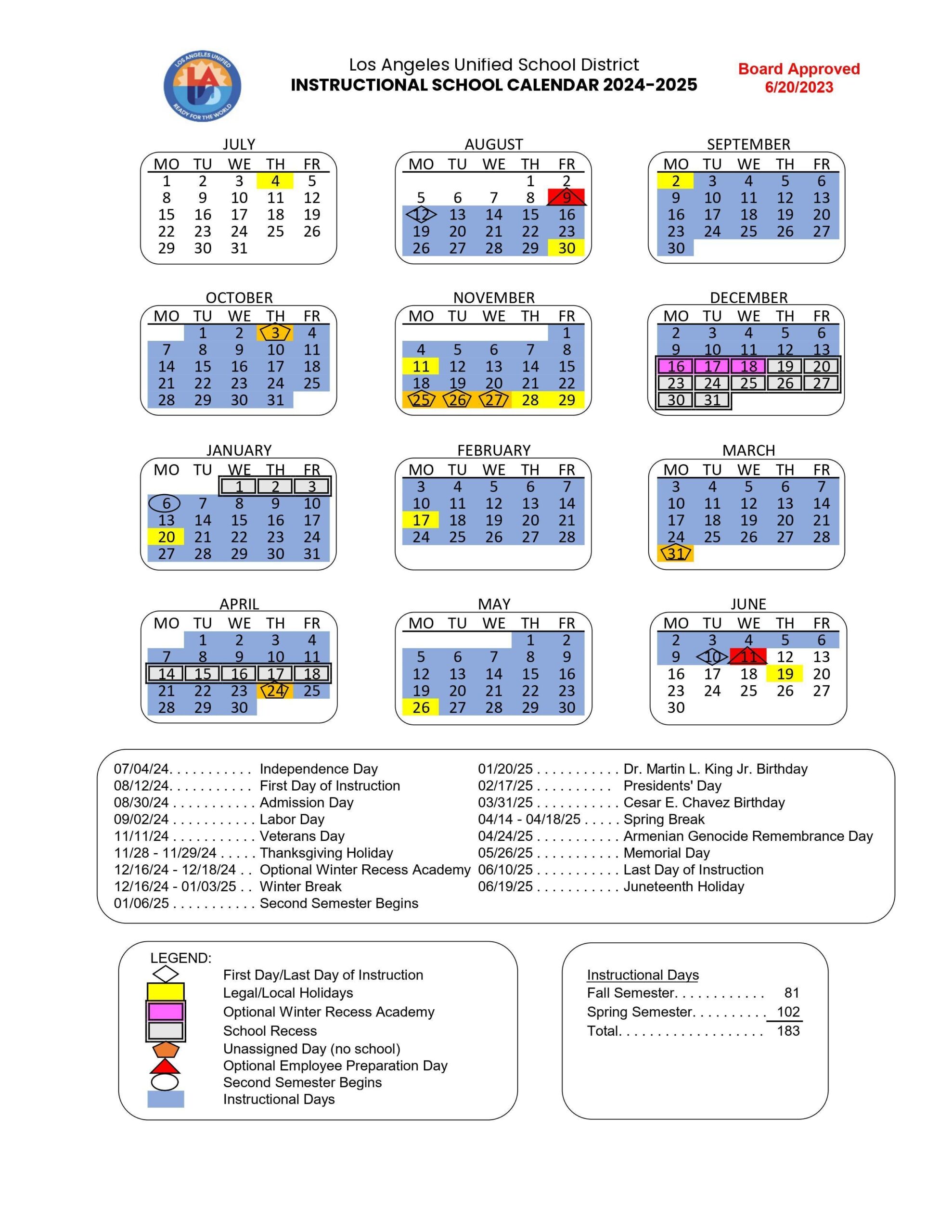 Lausd Instructional Calendar 25 26 Printable