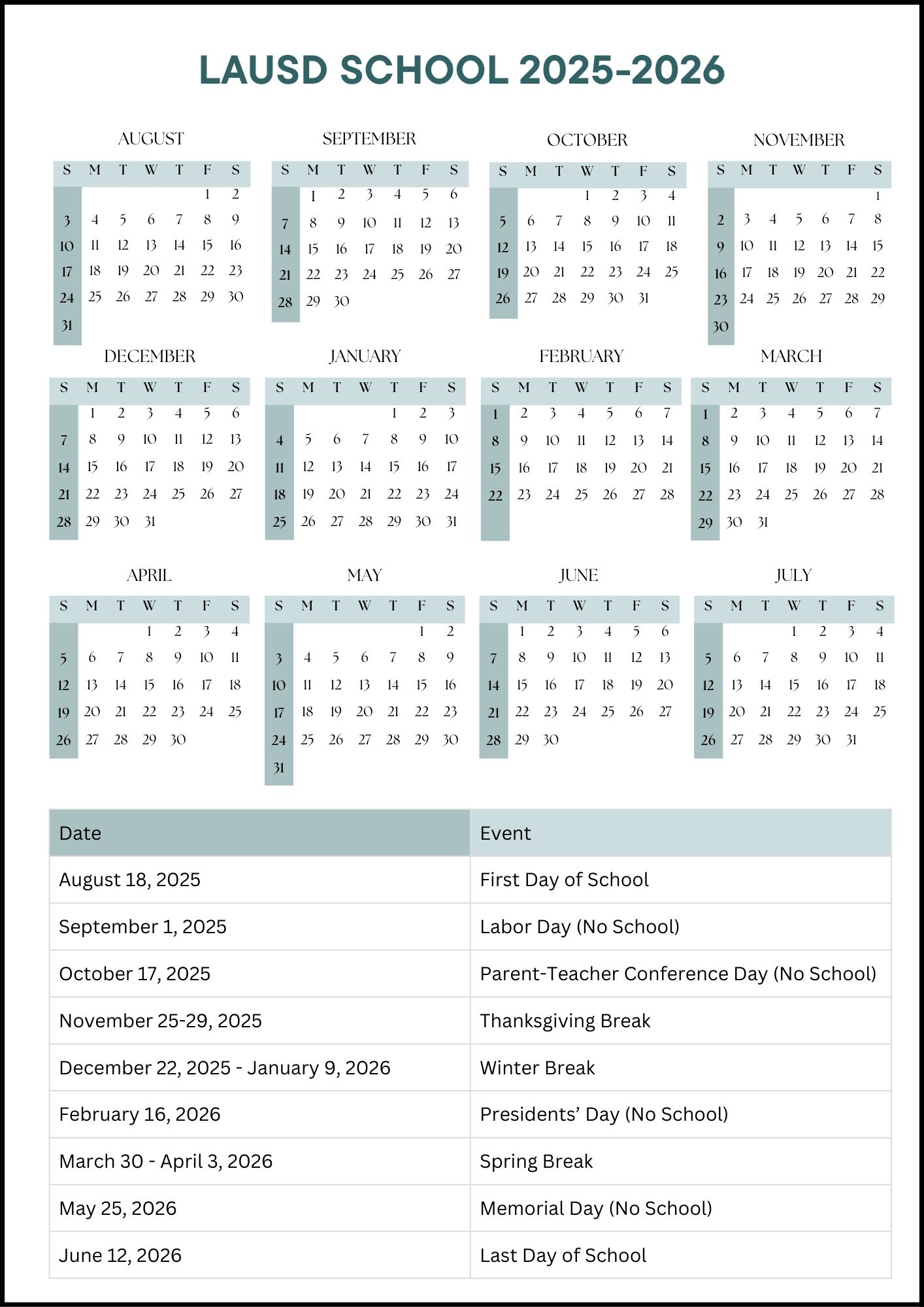 Lausd Calendar 2025 26 Printable
