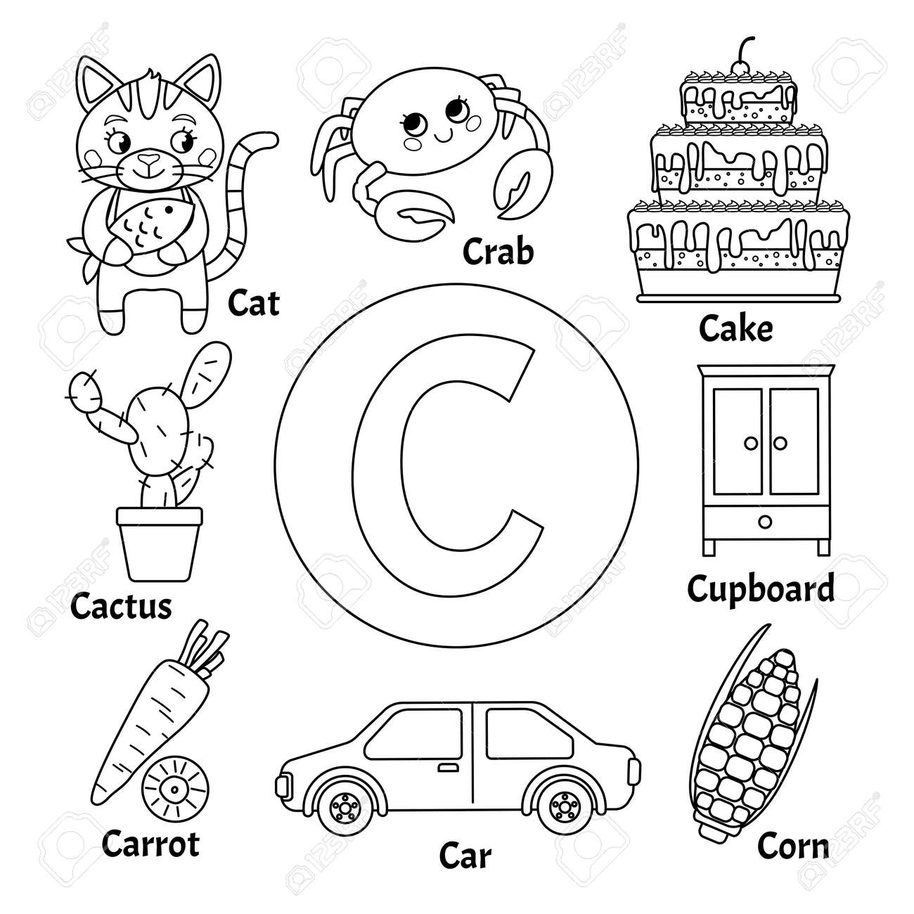 Learning Card Alphabet Letter C Set Of Cute Cartoon 