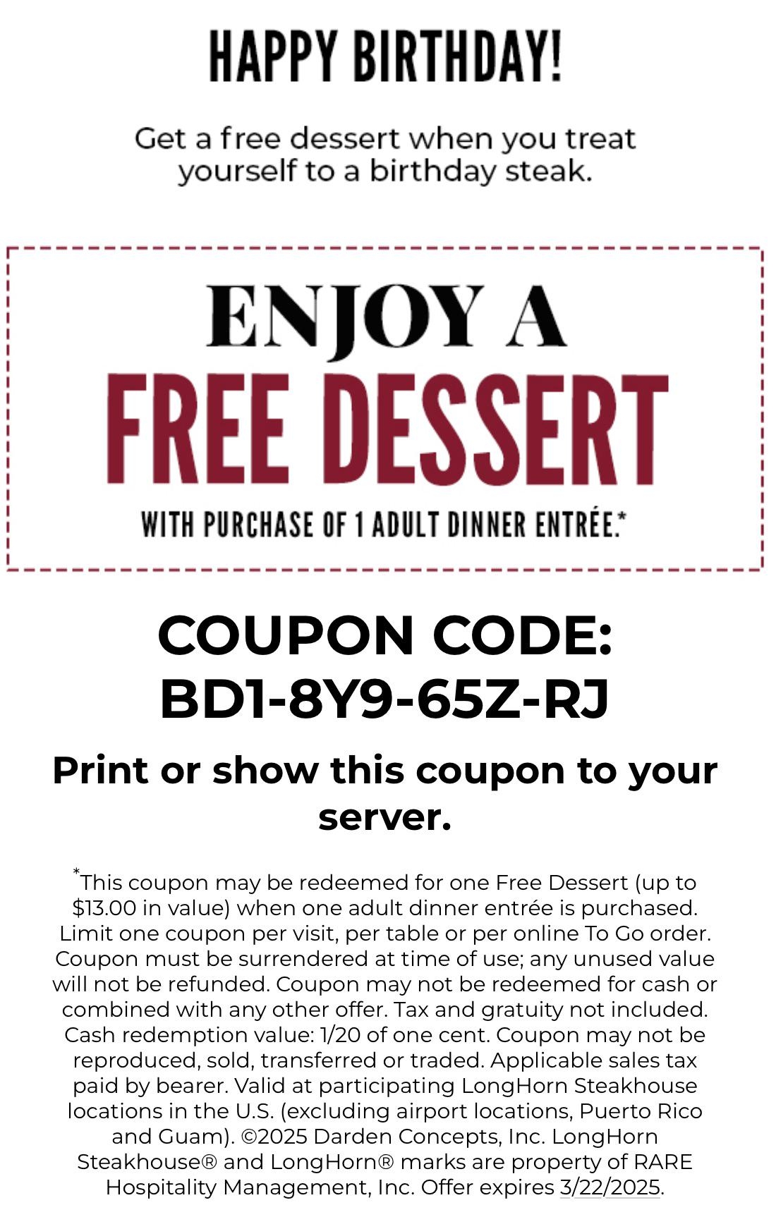 Longhorn Steakhouse Free Dessert With Adult Dinner R Freefood