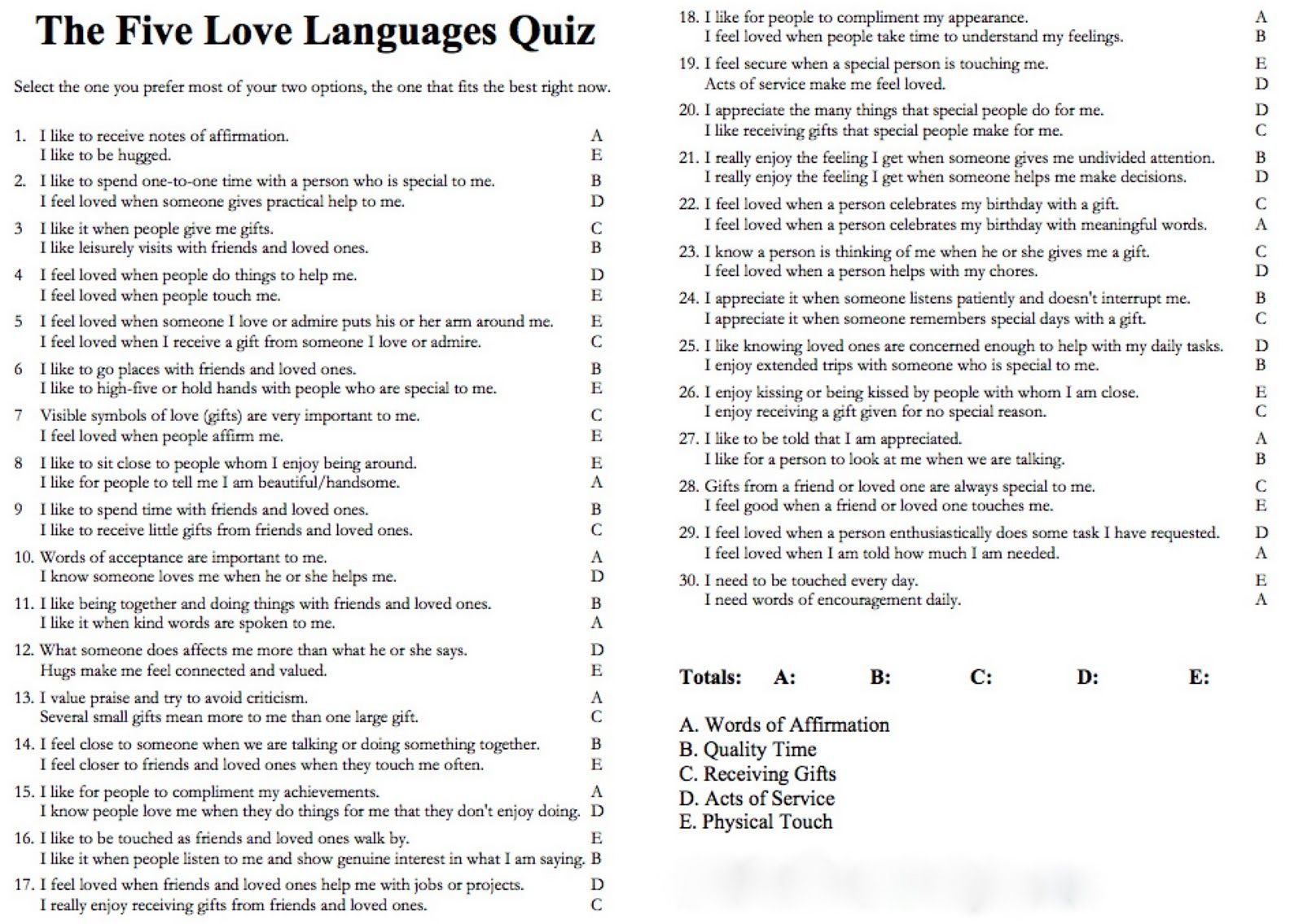 Five Love Languages Quiz Printable