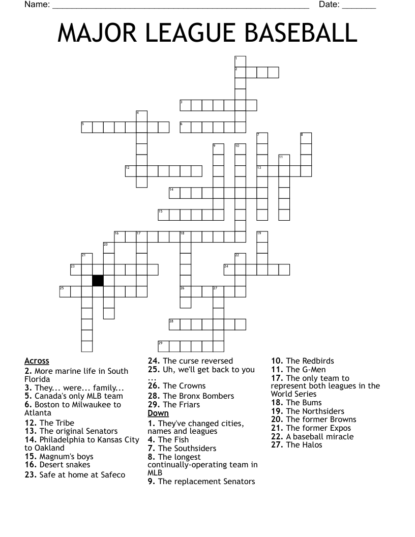 Baseball Crossword Puzzle Printable