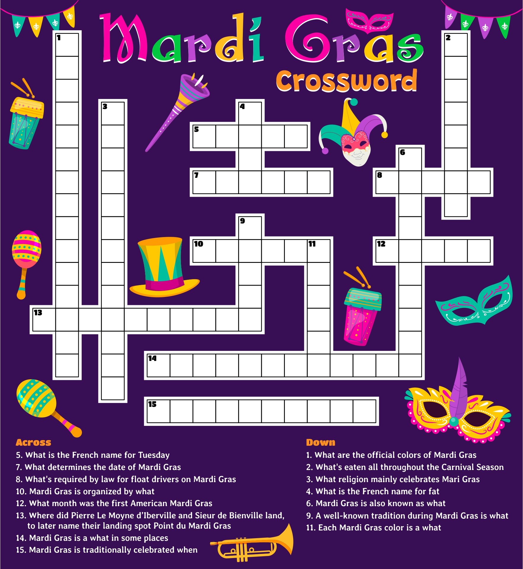 Mardi Gras Crossword Puzzle Printable
