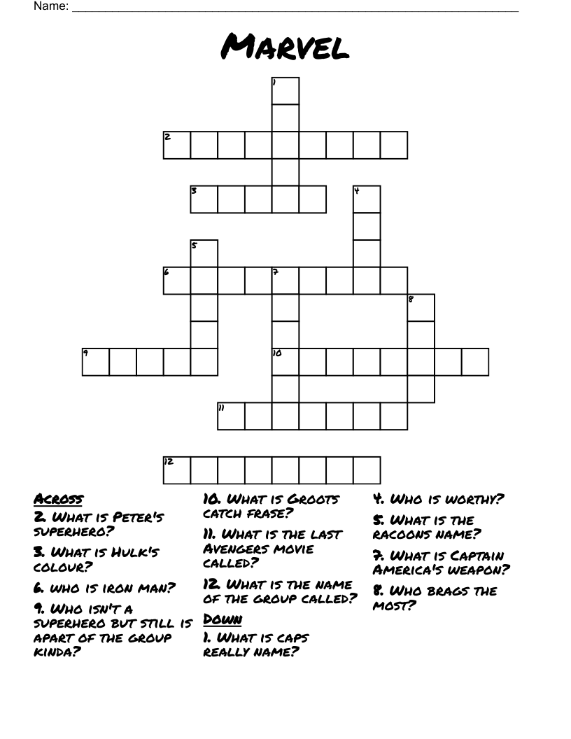 Printable Avengers Crossword Puzzles