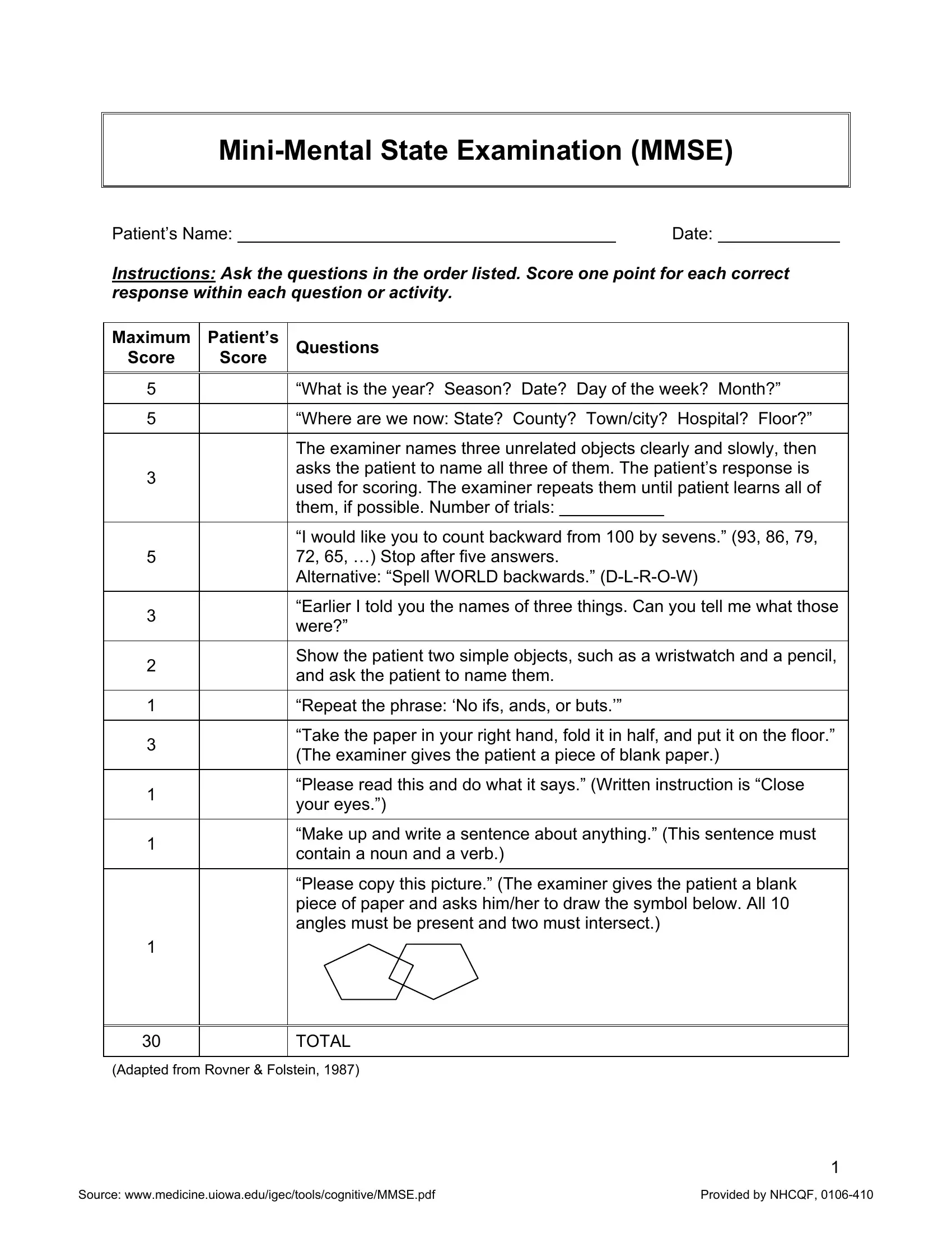 Mini Mental Form Fill Out Printable PDF Forms Online