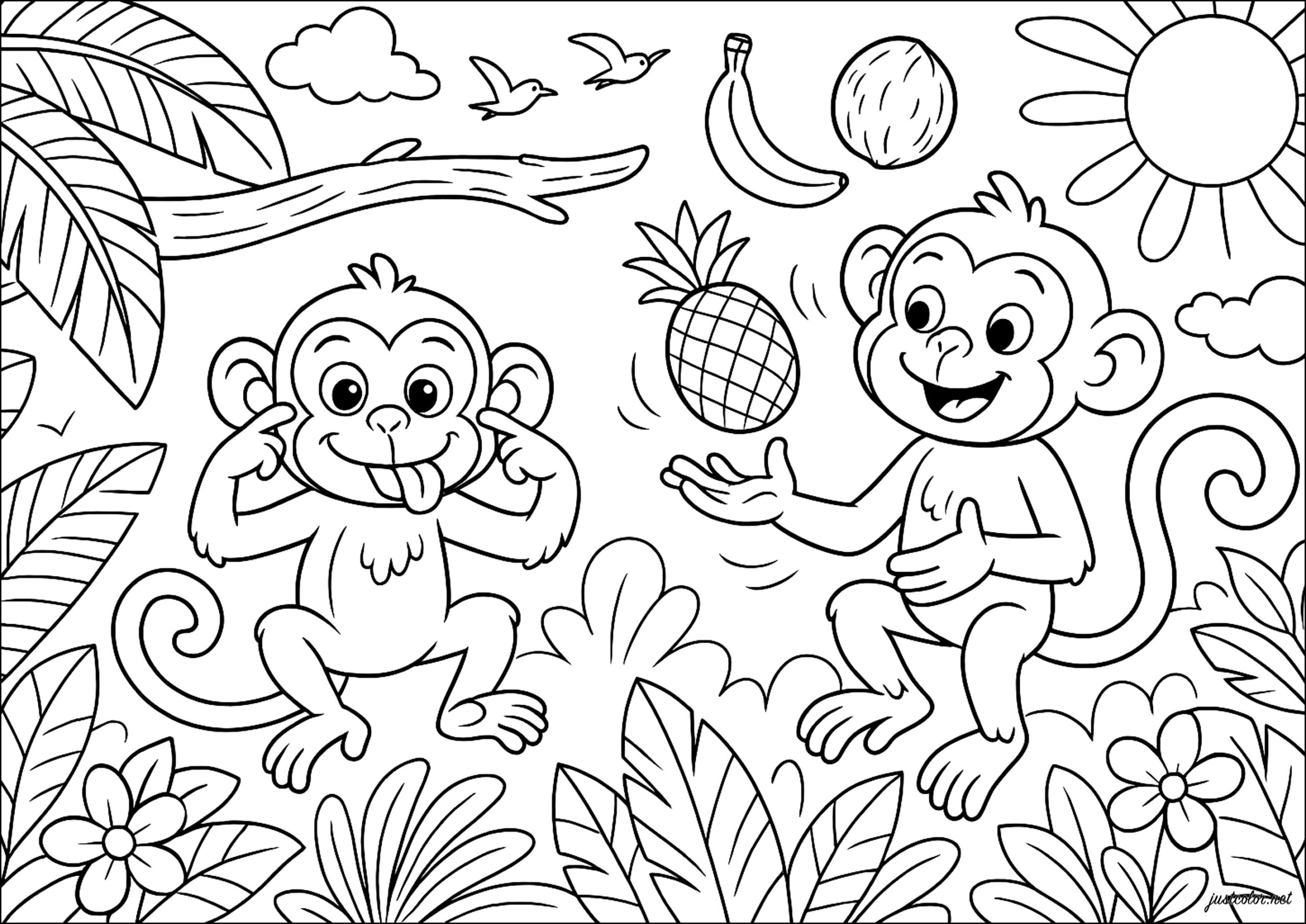 monkeys playing with fruit monkey coloring pages
