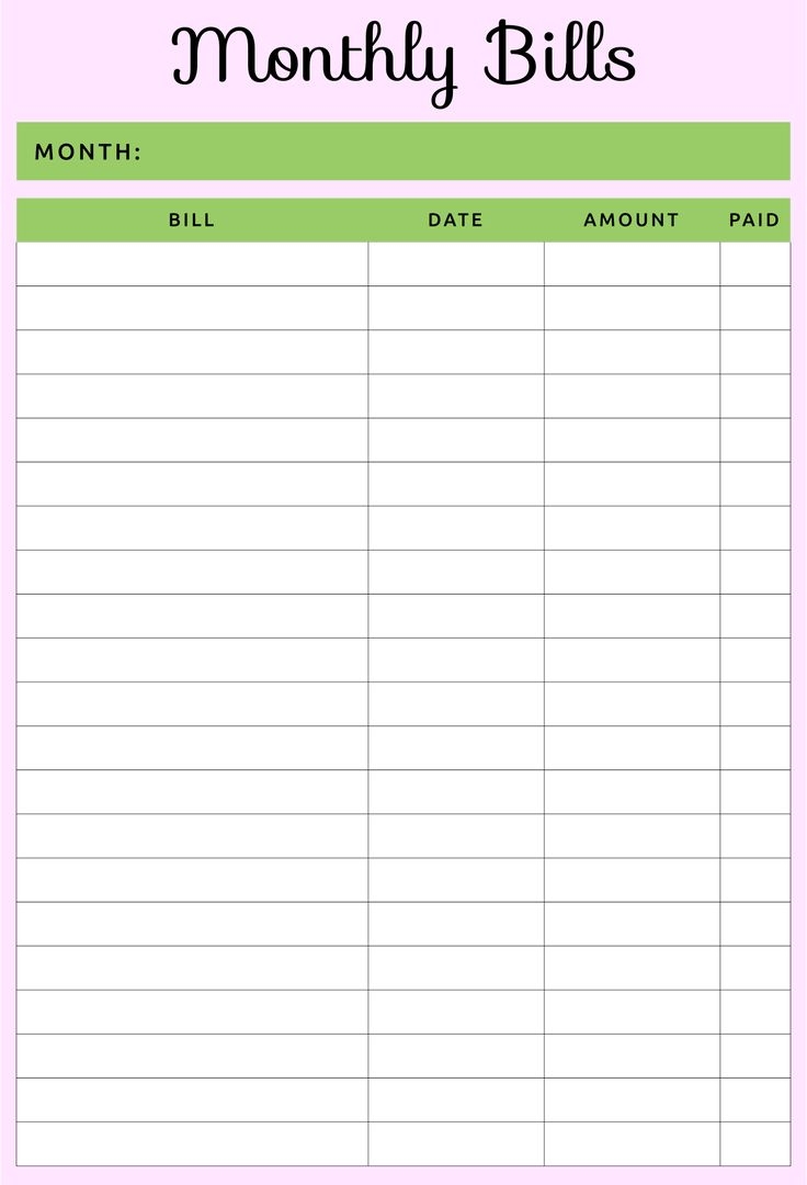 Printable Bills Schedule