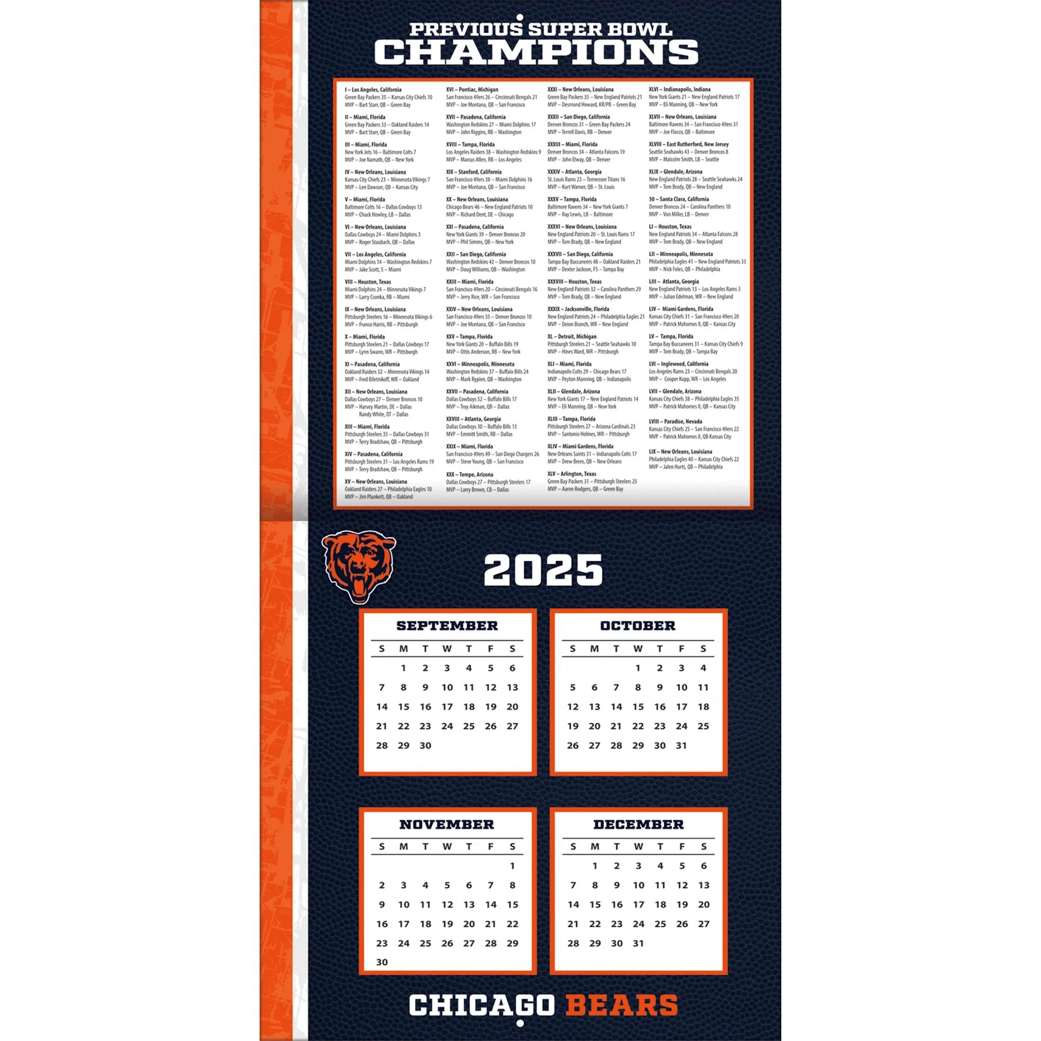 NFL Chicago Bears 2026 Wall Calendar Online Only