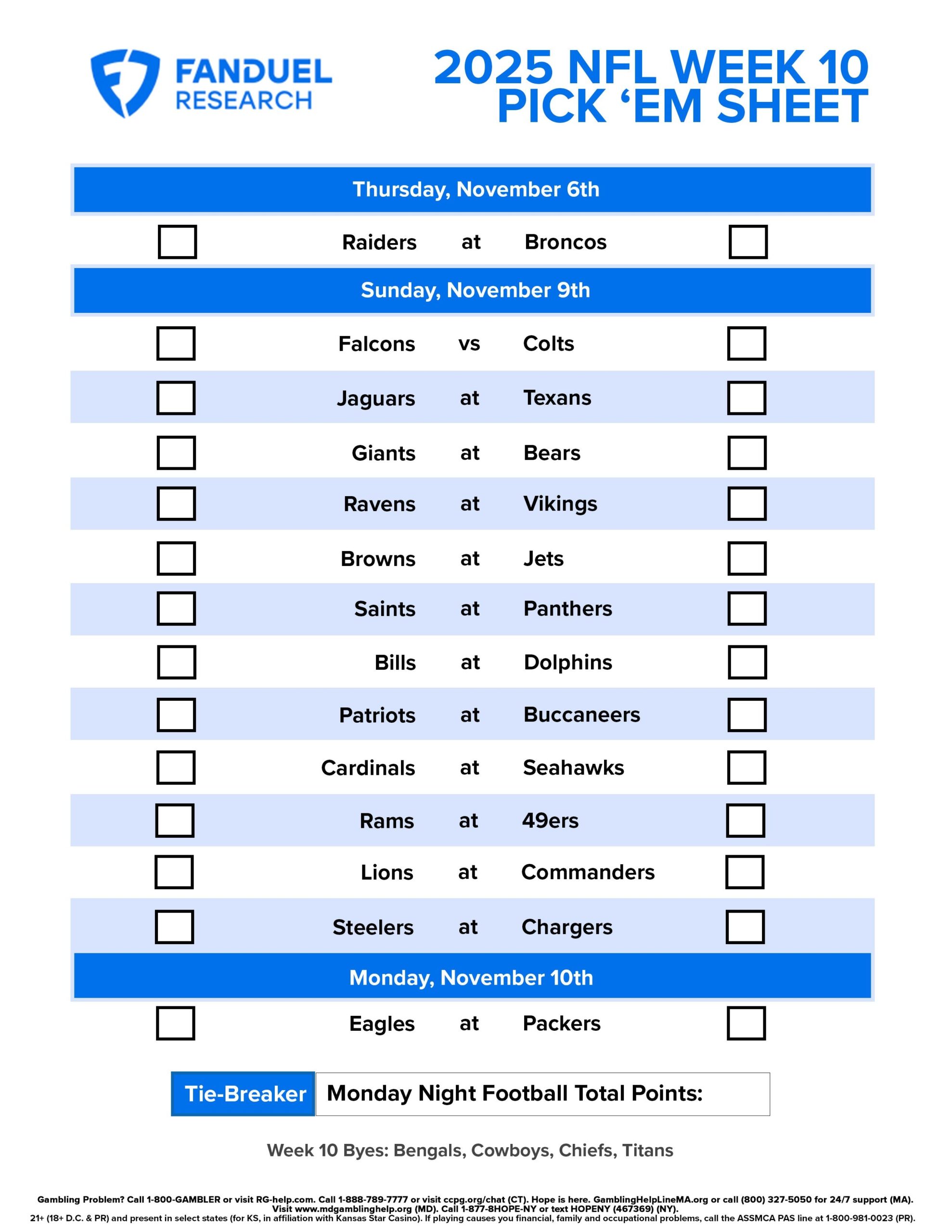 NFL Week 10 Pick Em Sheet Free Printable Schedule And Betting 