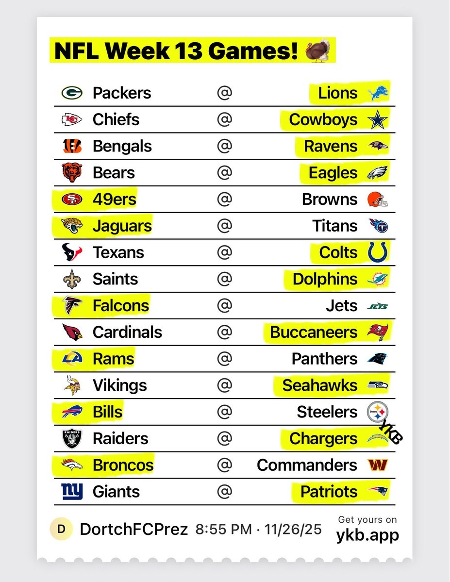 Week 13 Nfl Schedule Printable