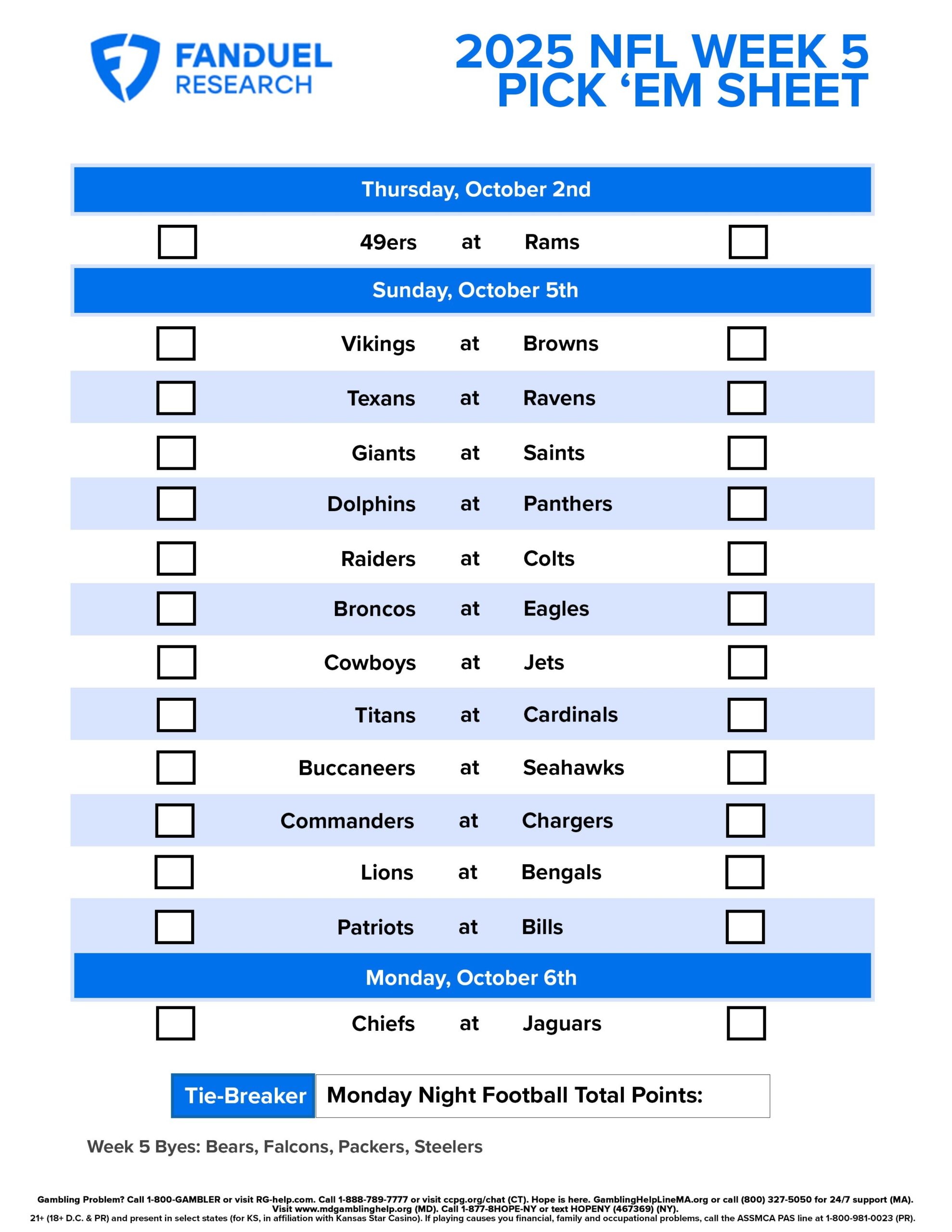 NFL Week 5 Pick Em Sheet Free Printable Schedule And Betting 