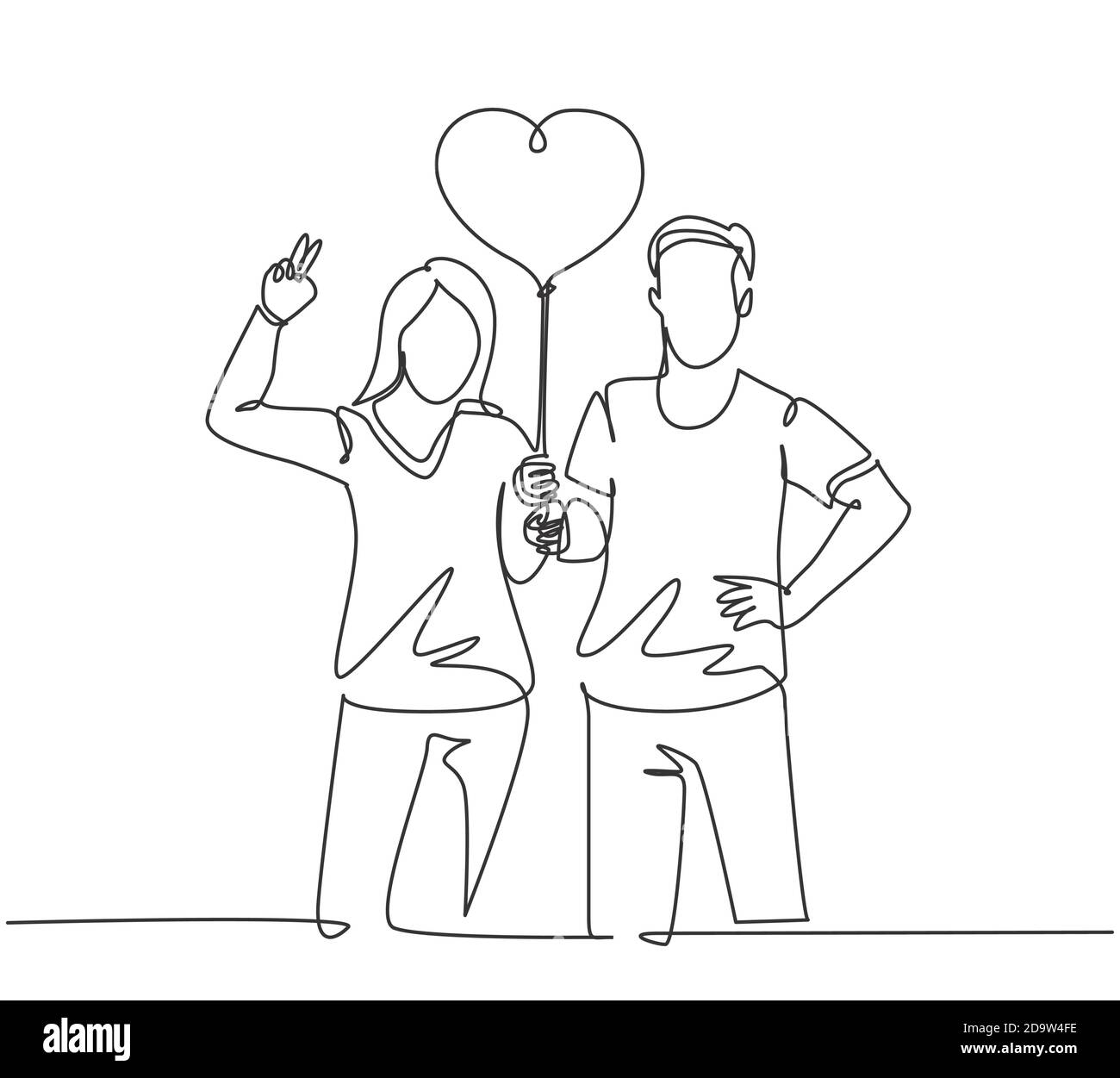 One Single Line Drawing Of Young Happy Man And Woman Couple Take A 