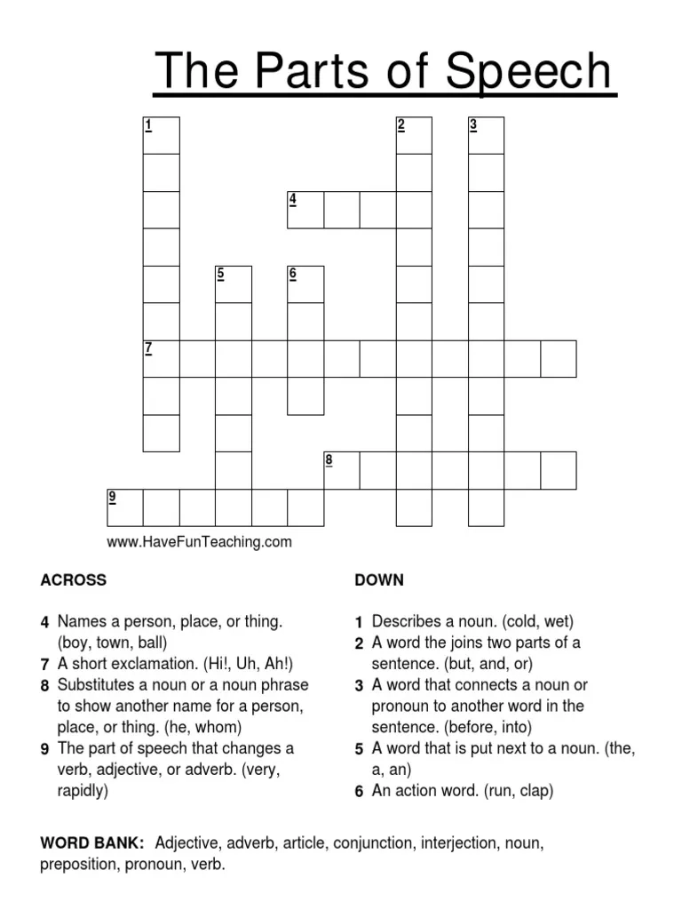 Parts Of Speech Crossword Puzzle PDF PDF