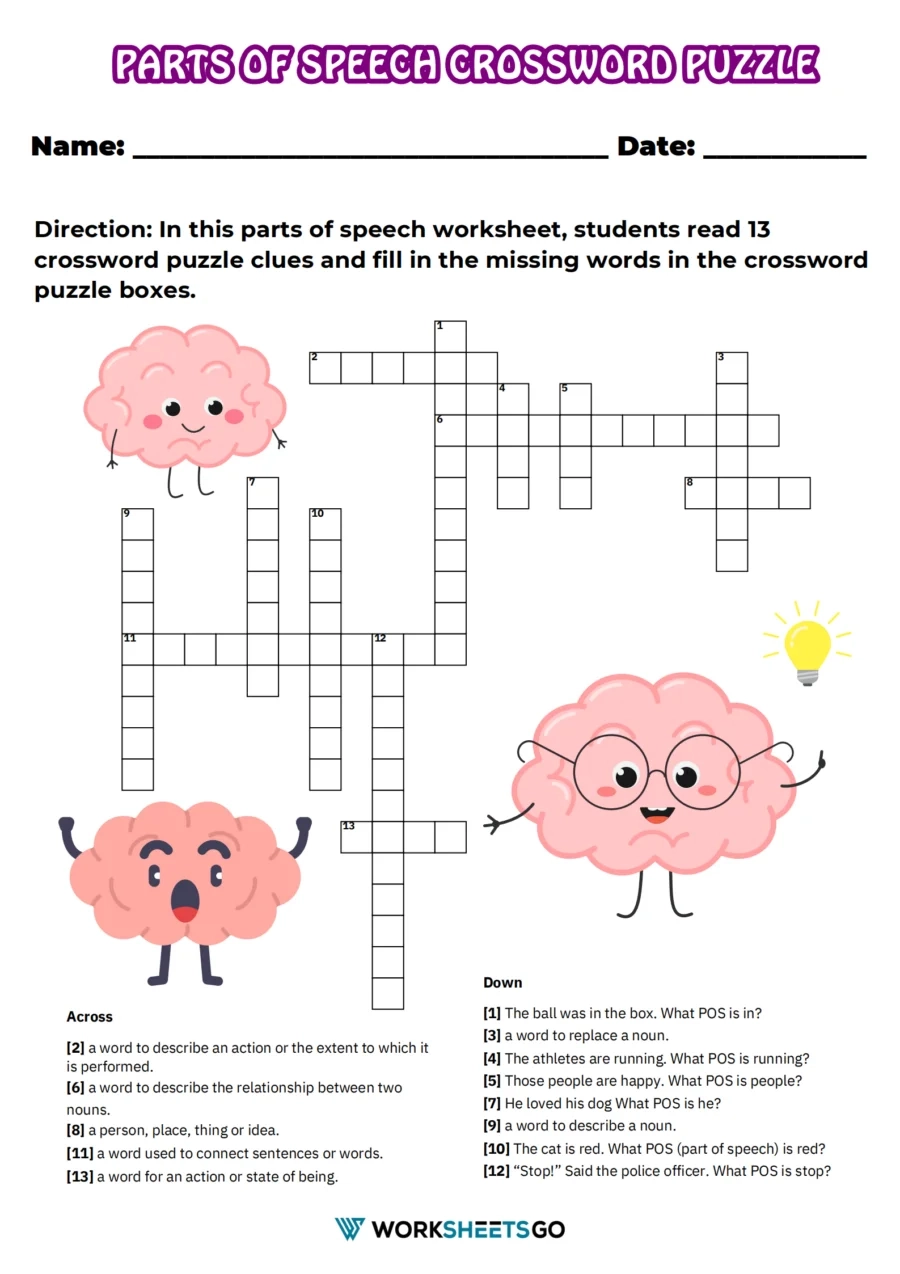 Parts Of Speech Crossword Printable