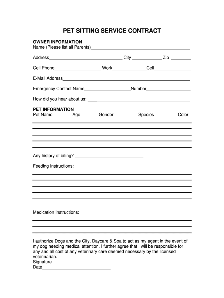 Pet Sitting Service Contract Form Fill Online Printable 