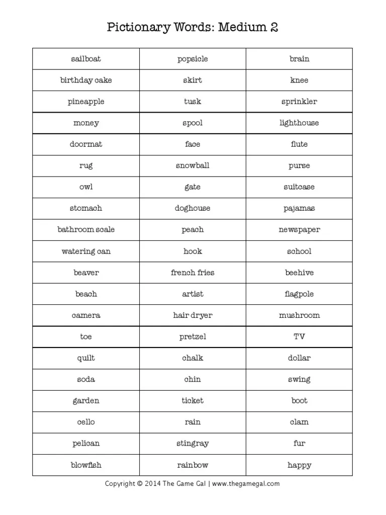 Printable Pictionary Words