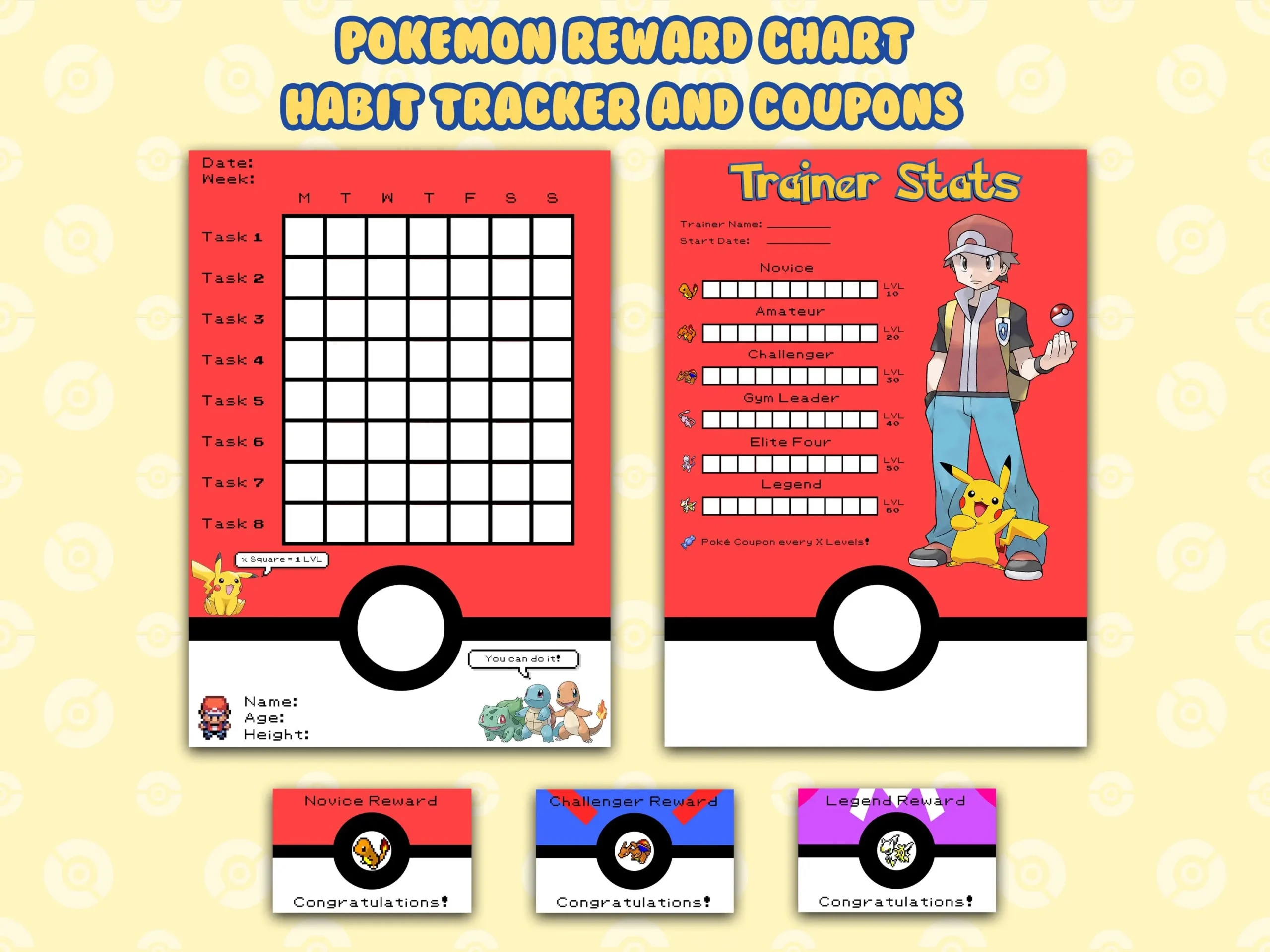 Pokemon Reward Chart Habit Behavior Tracker Reward Coupons 
