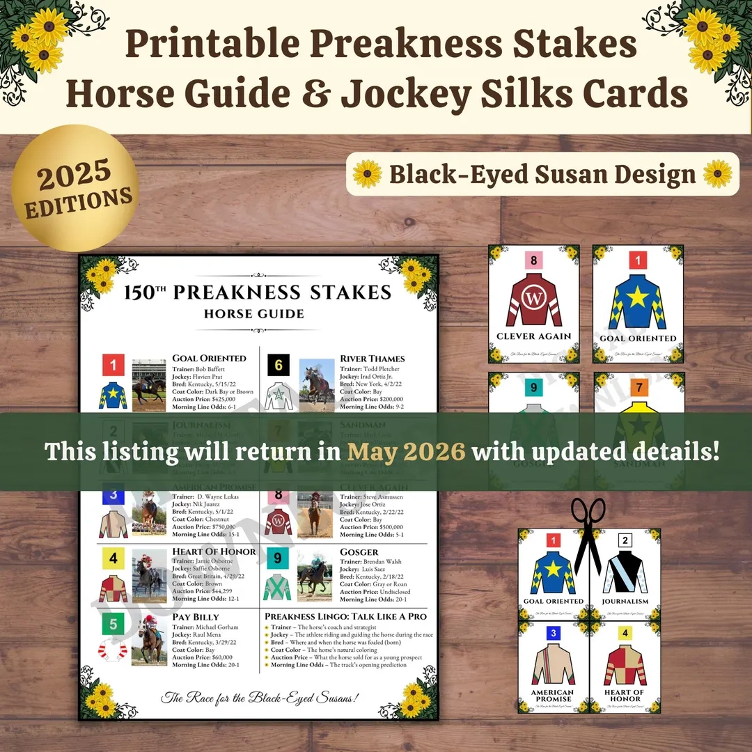 Preakness Horse Guide amp Jockey Silks Cards 2025 instant PDF 