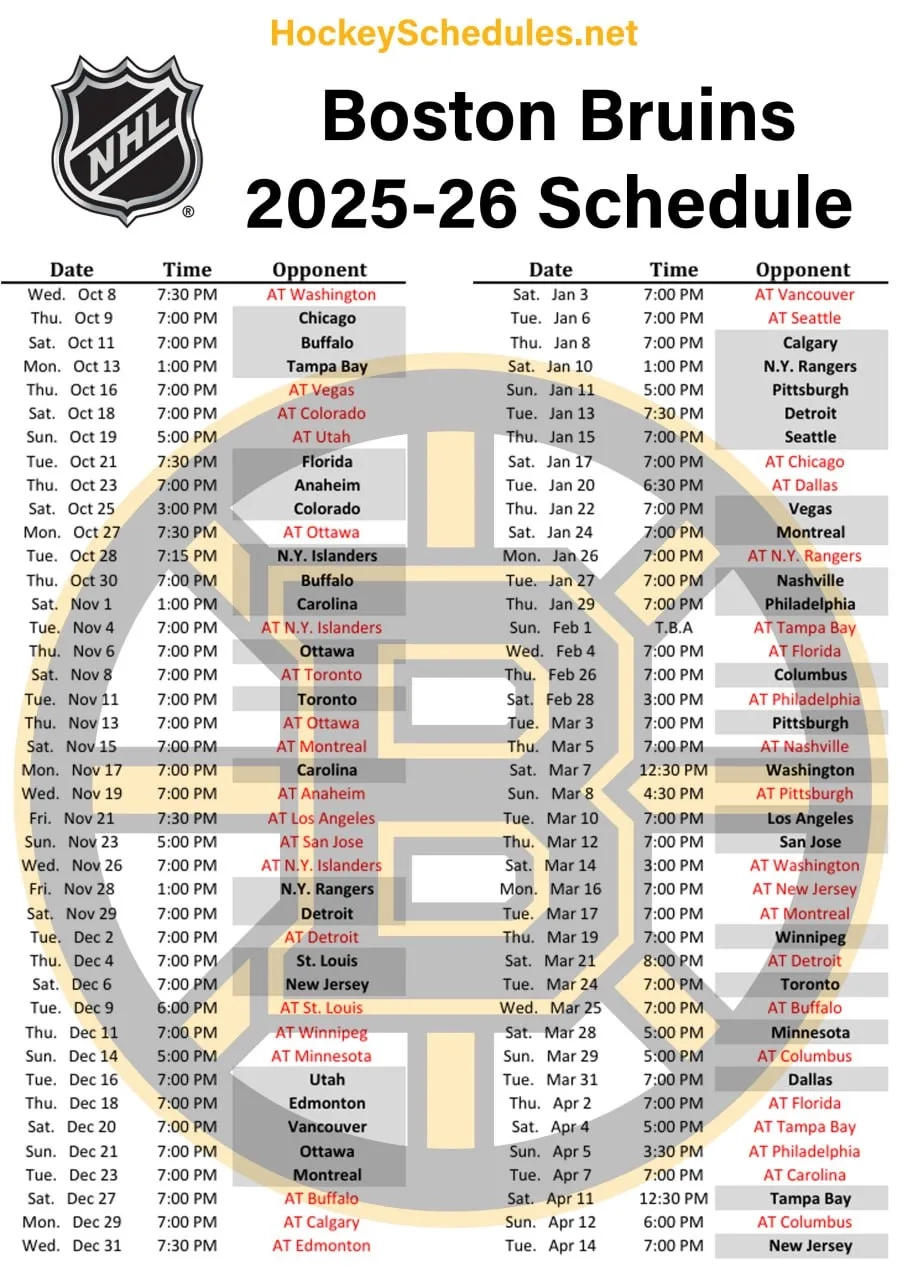 Printable 2025 26 Boston Bruins Schedule Matchups PDF Format 