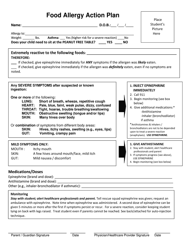 Printable Allergy Action Plan Pdf Fill Out amp Sign Online DocHub