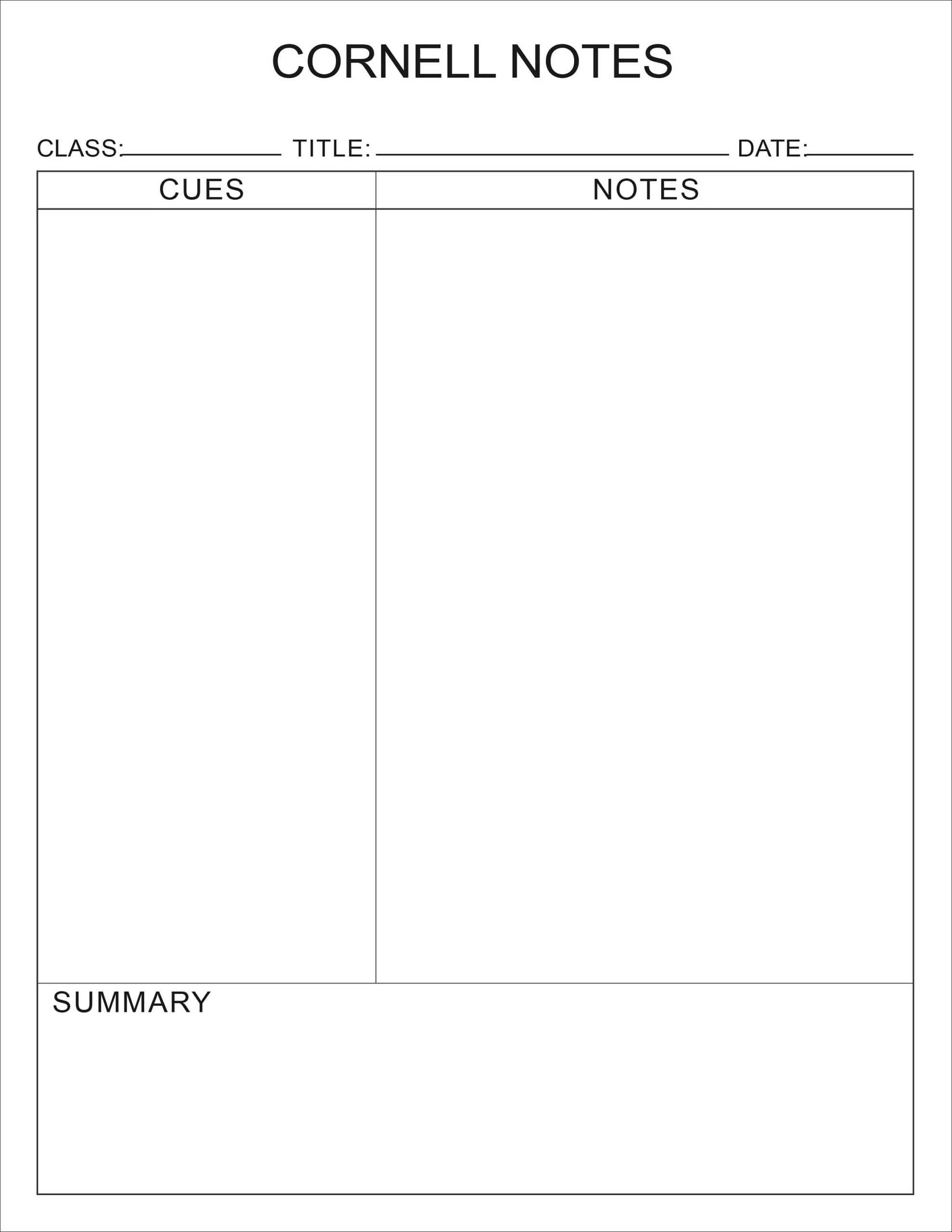 Printable Cornell Notes Plain Template PDF File Etsy UK