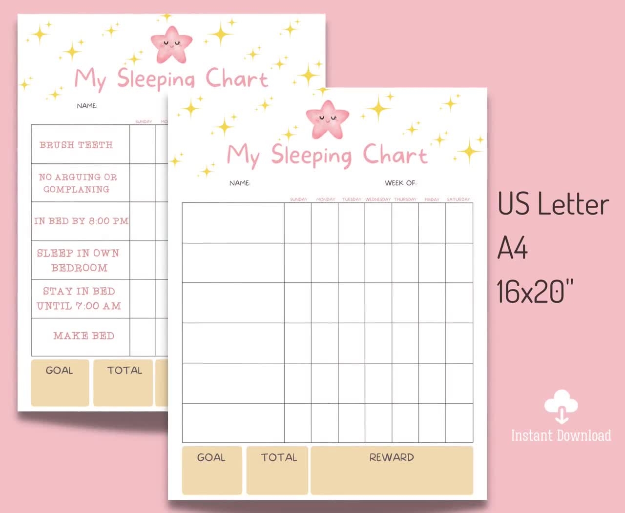 Printable Kids Sleeping Chart Bedtime Routine Tracker Digital Download 