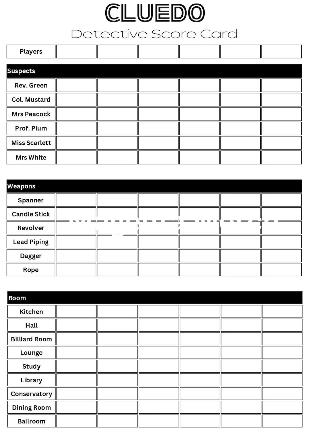 Printable Replacement Score Sheets Compatible With Clue amp Cluedo 