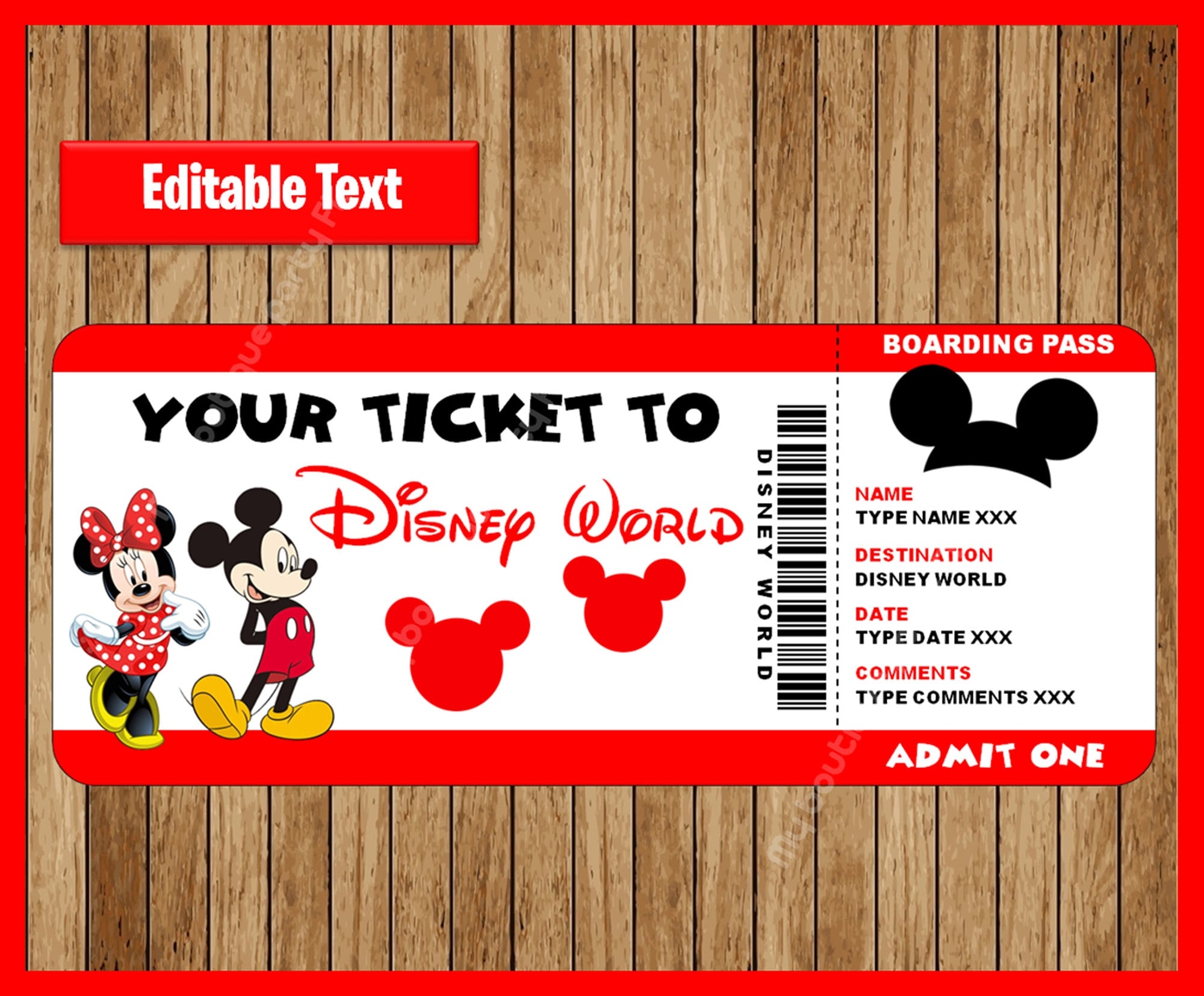 Printable Ticket To Disneyworld Surprise Trip Birthday Gift 