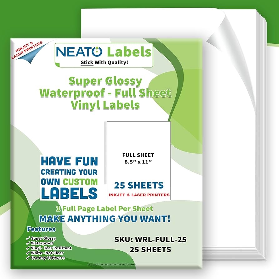 Printable Vinyl Sticker Paper 25 Super Glossy Waterproof Labels For Inkjet And Laser Printers Premium White Full Sheets Strong Adhesive Tear 