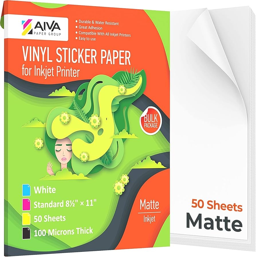 Printable Vinyl Sticker Paper Waterproof Decal Paper For Inkjet Printer 50 Self Adhesive Sheets Matte White Standard Letter Size 8 5 x11 