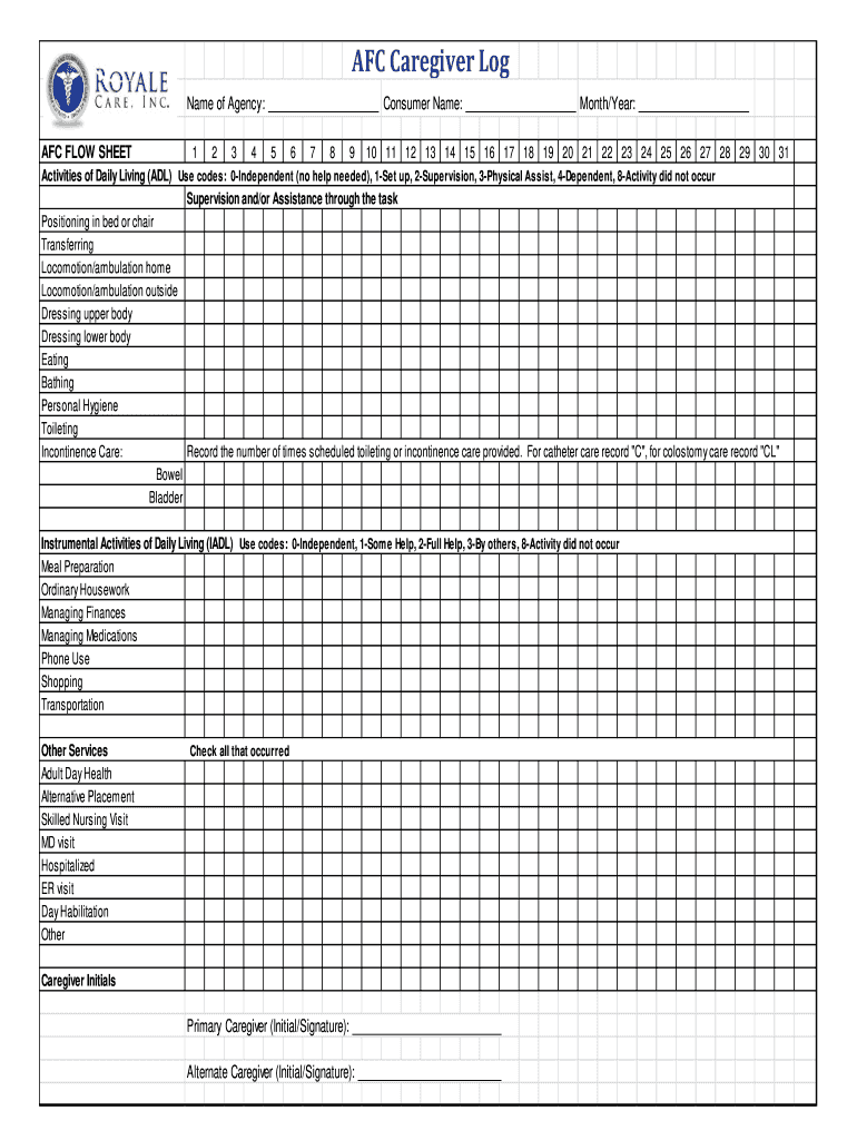 Royal Care AFC Caregiver Log Form Fill Online Printable 