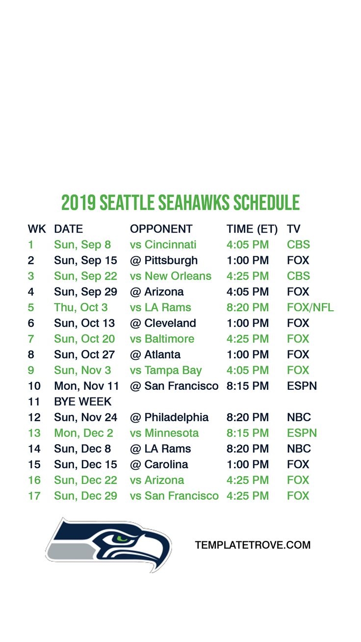 Seattle Seahawks Printable Schedule
