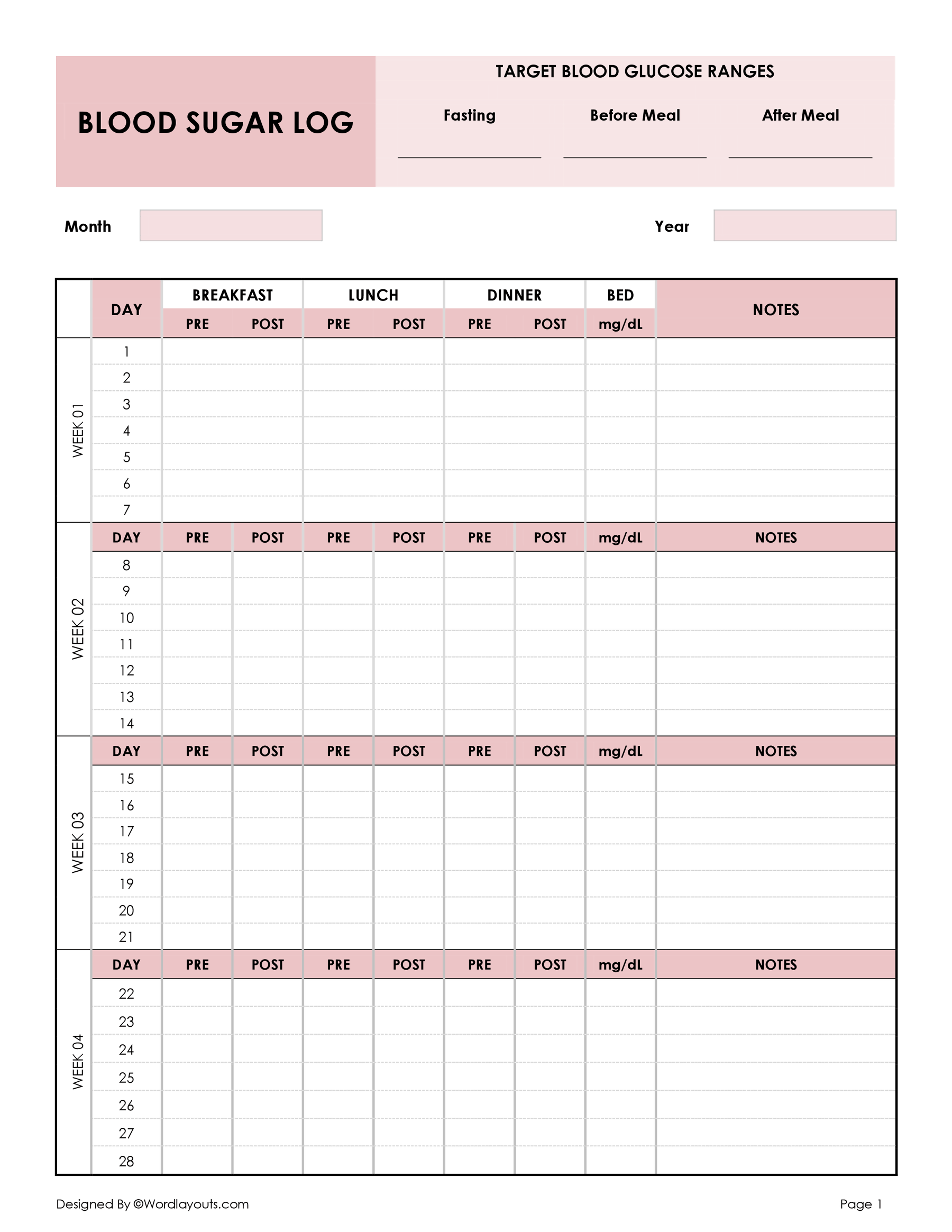 Free Printable Blood Sugar Logs