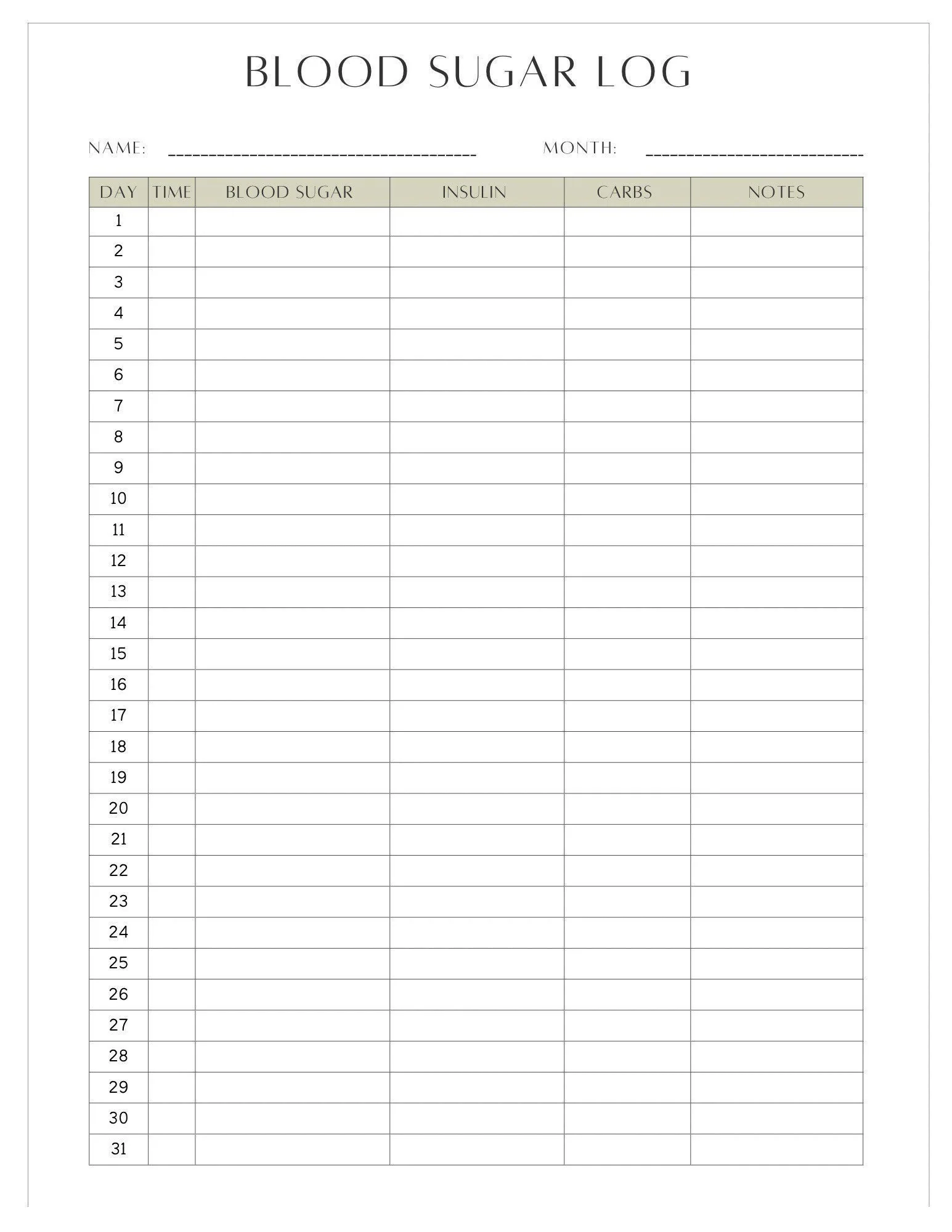 Simple Downloadable Blood Sugar Log Sheet Etsy UK