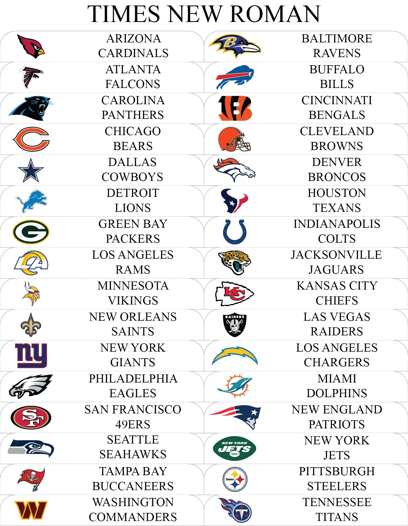 Printable List Of Nfl Teams