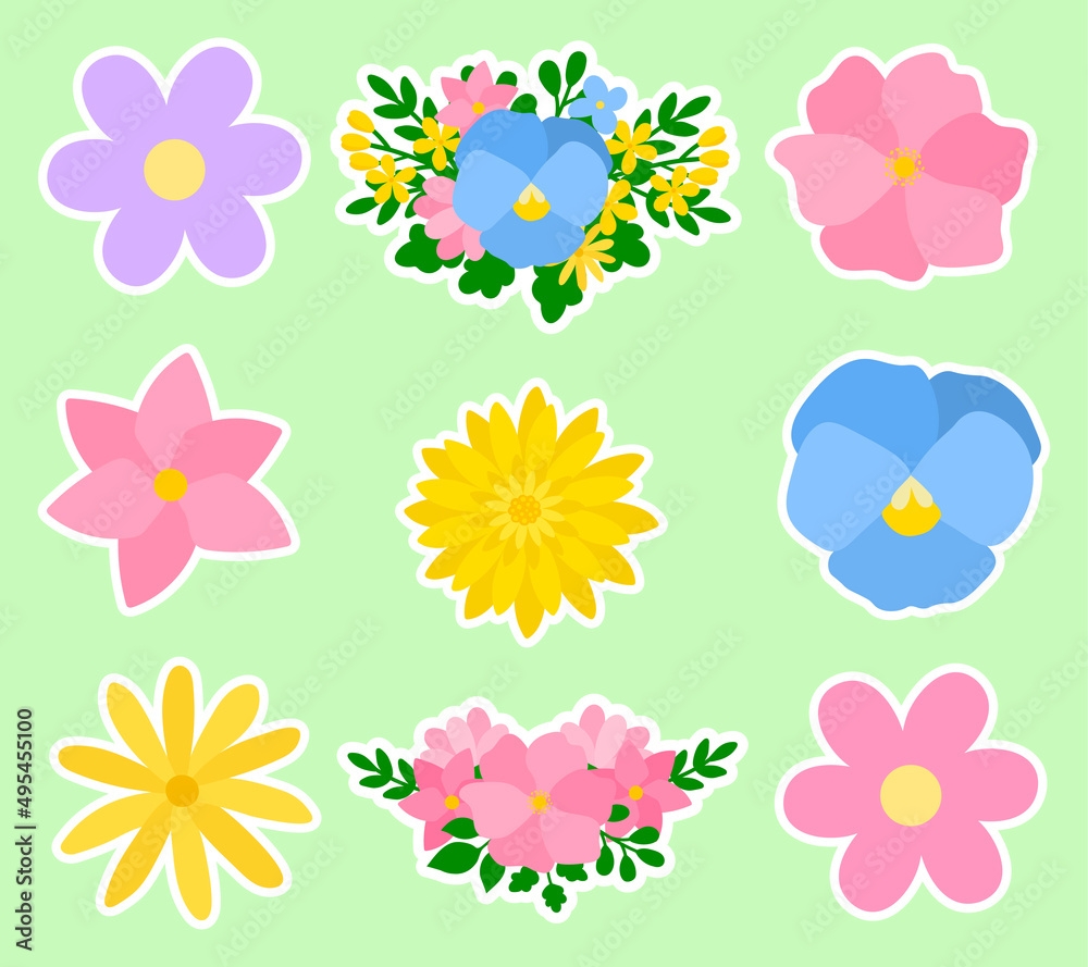 Spring Flowers Stickers Printable Vector Illustration Stock Vector 