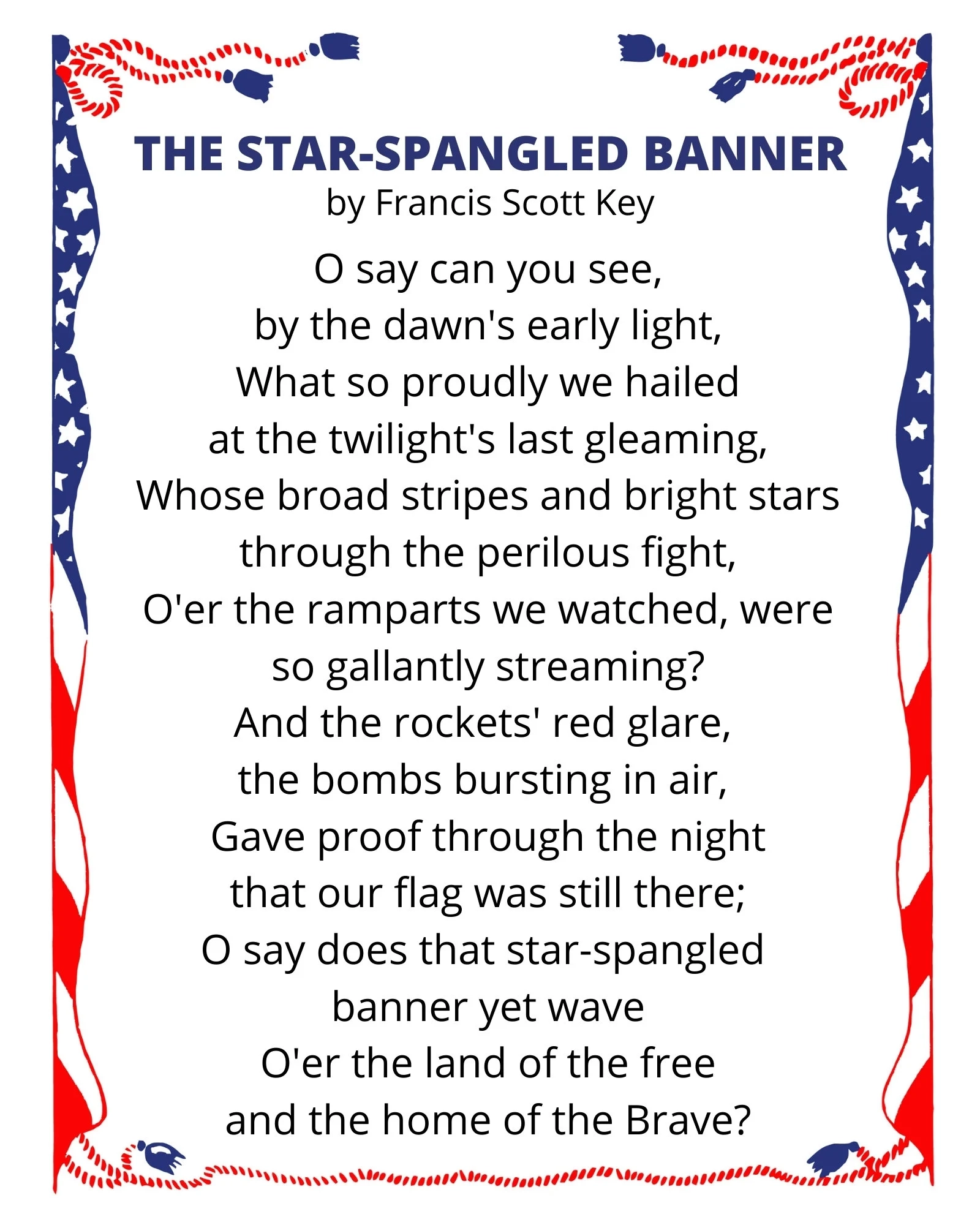 Star spangled Banner Lyrics Print Patriotic Wall Art 8x10 Inch 