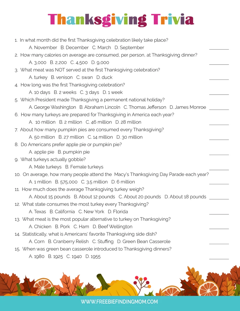 Trivia For Thanksgiving Printable